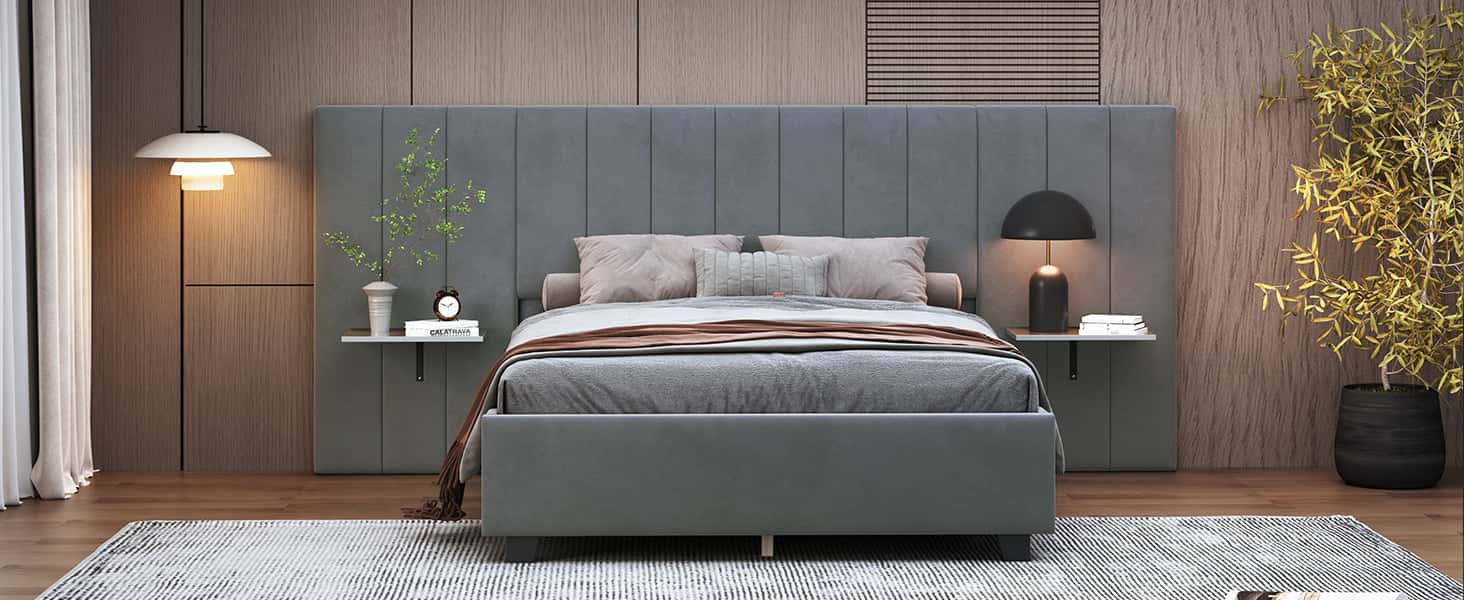 Full Size Upholstered Platform Bed with Big Headboard, Bedroom Furniture, Velvet, Gray