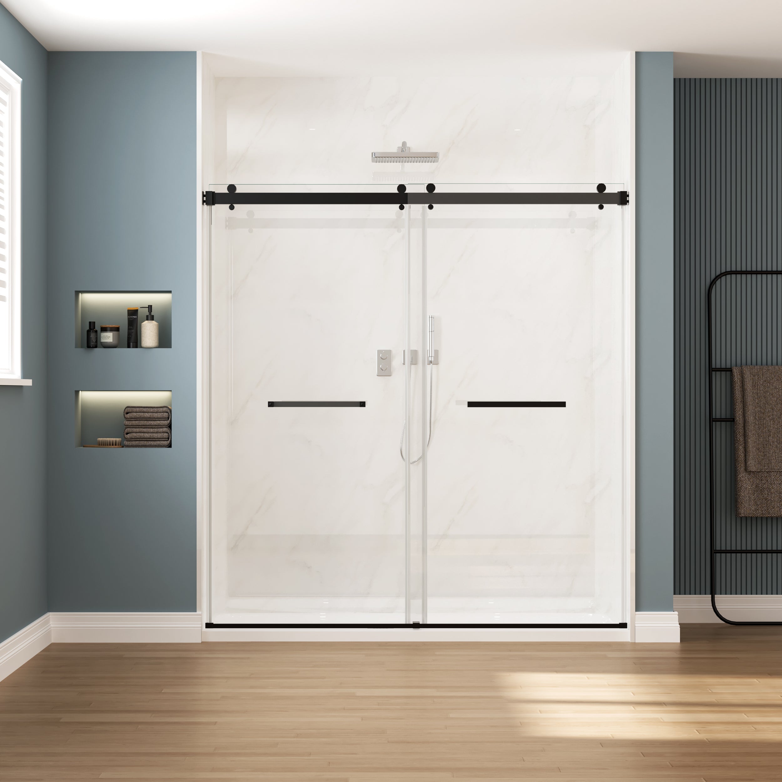 68 to 72 in. W x 76 in. H Sliding Frameless Soft-Close Shower Door with Premium 3/8 Inch (10mm) Thick Tampered Glass in Matte Black 03A42-7276