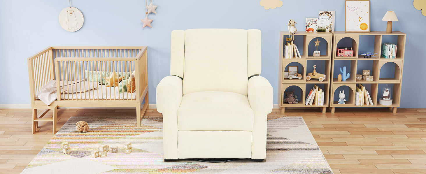 White swivel rocker recliner chair reclined position