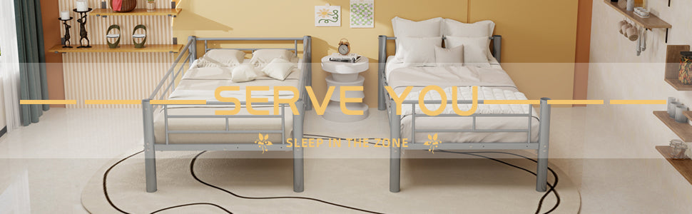 Silver twin over twin convertible metal bunk bed with guardrails and ladder