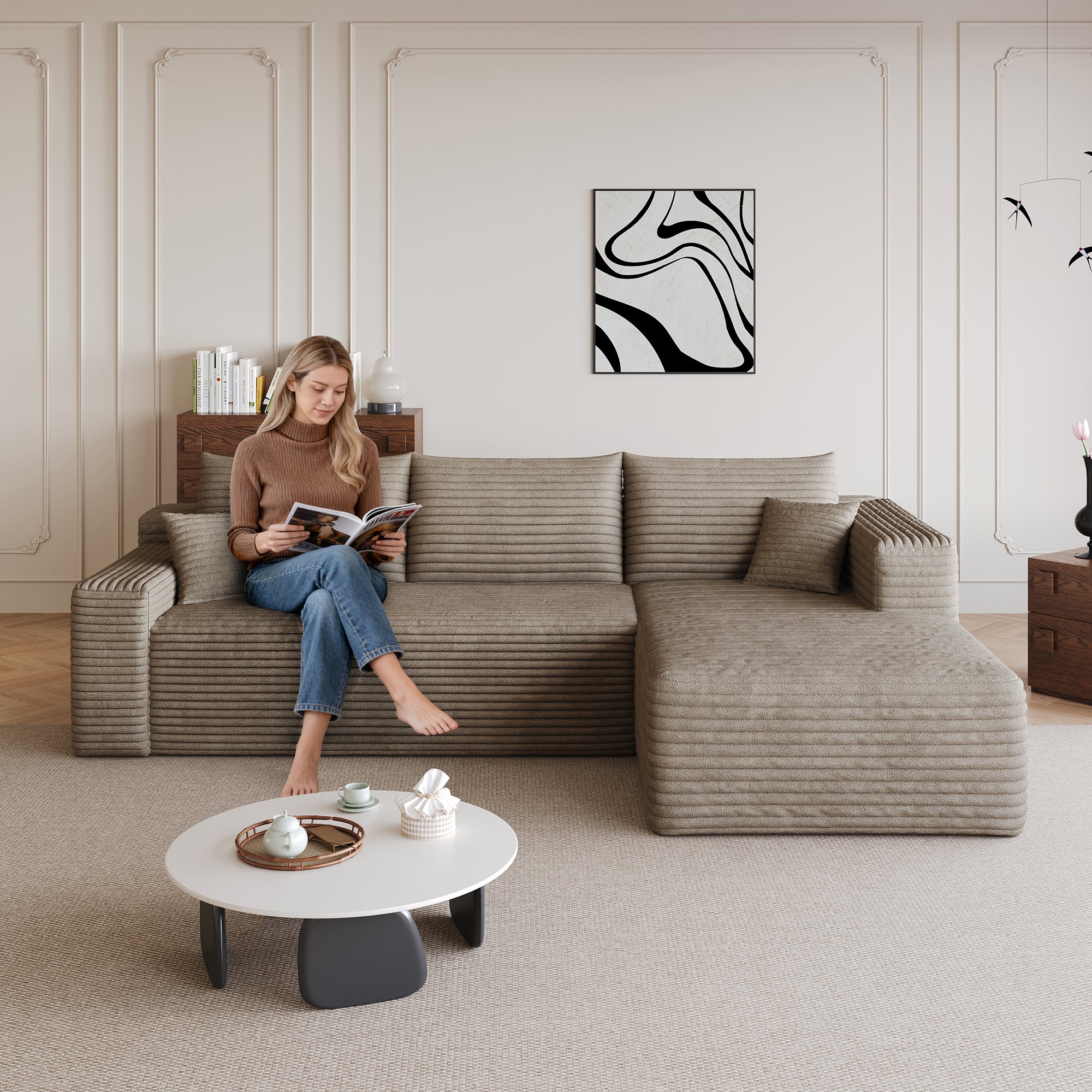 Camel corduroy sectional sofa, deep seat side view