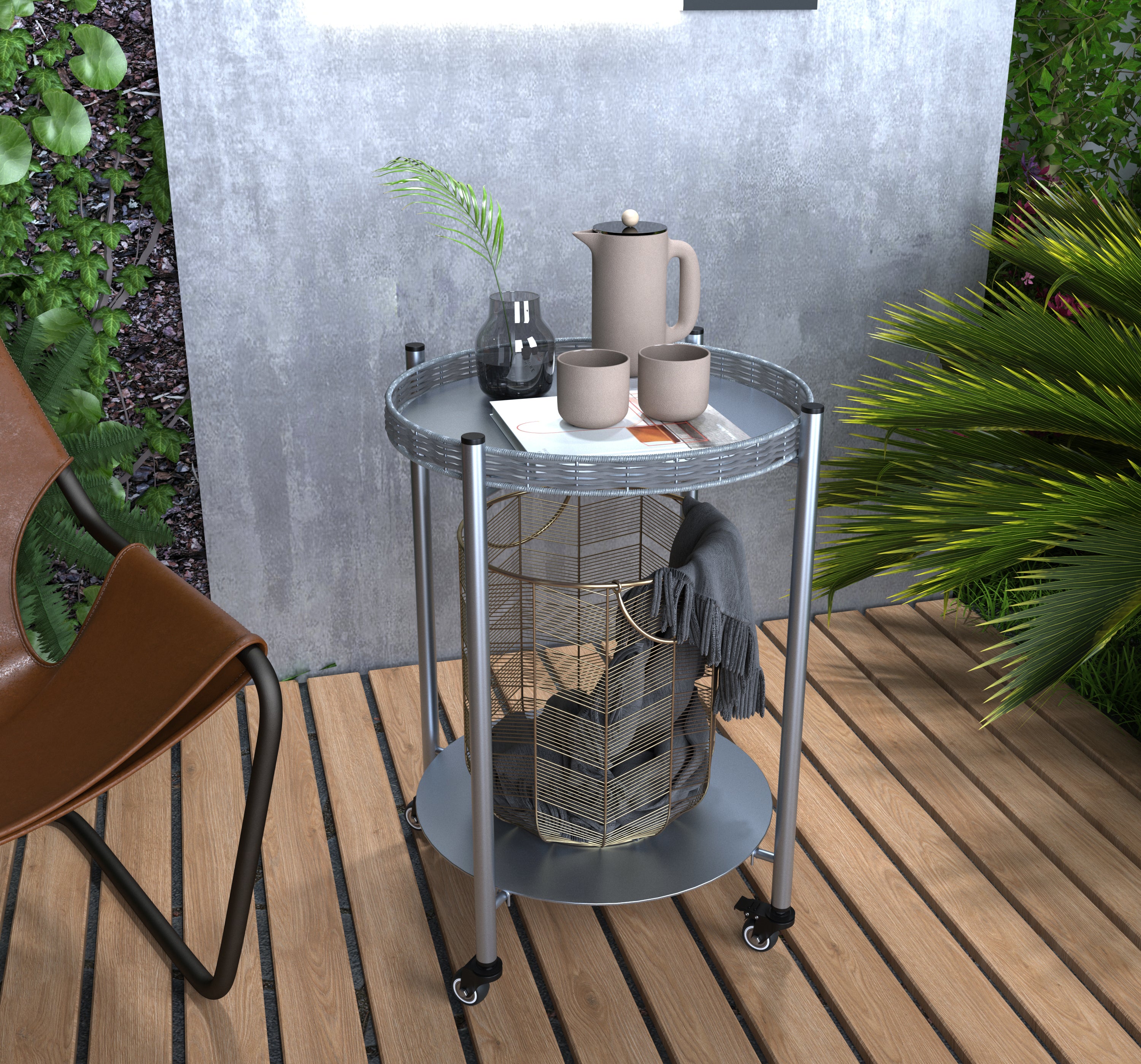 2-tier round metal side table silver gray, styled next to sofa