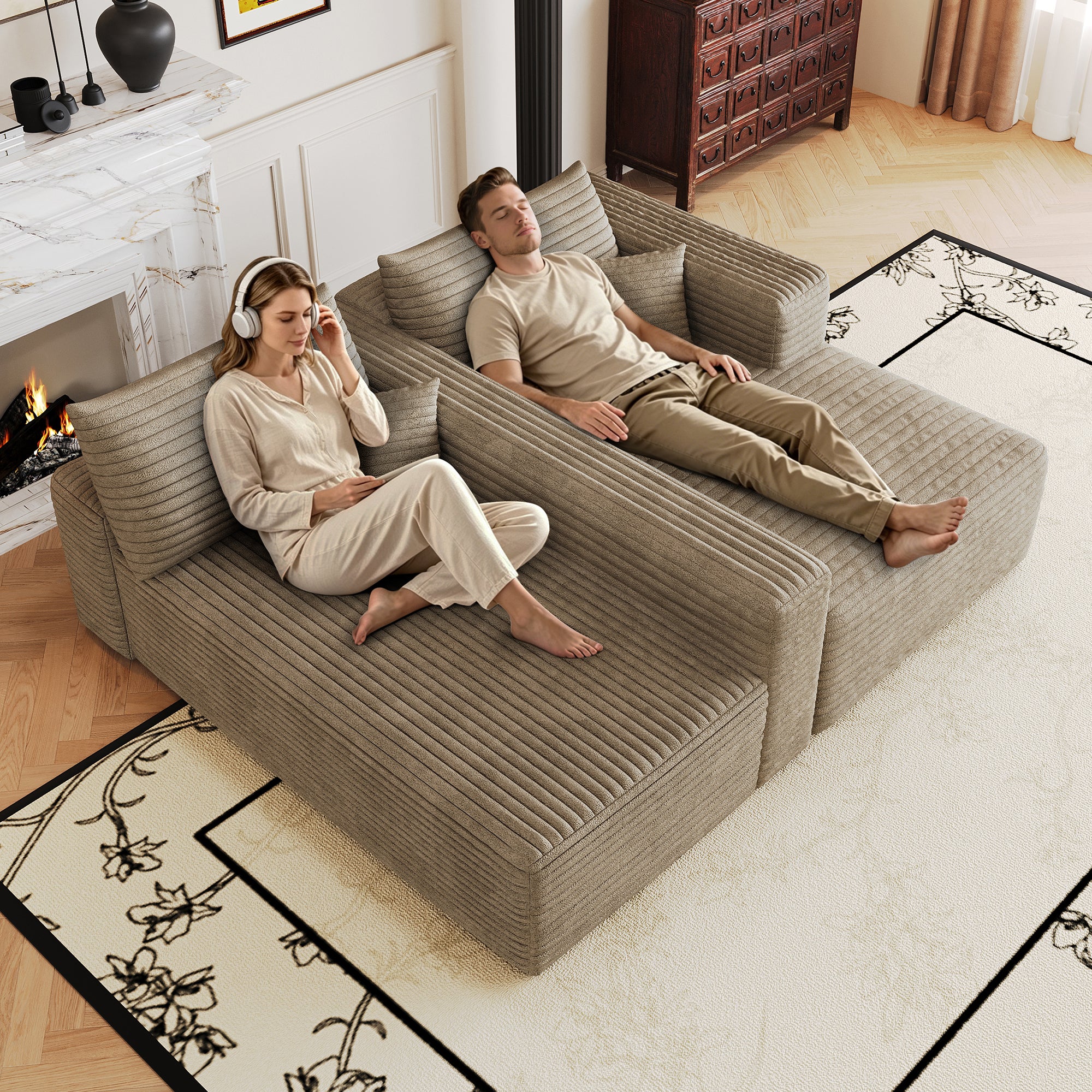 Camel corduroy L-shaped sectional sofa side profile view