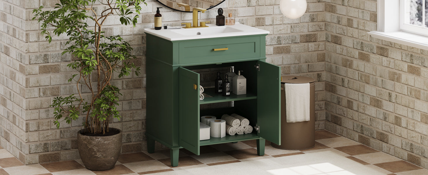 30-inch bathroom vanity with ceramic basin,  soft close door and adjustable shelves
