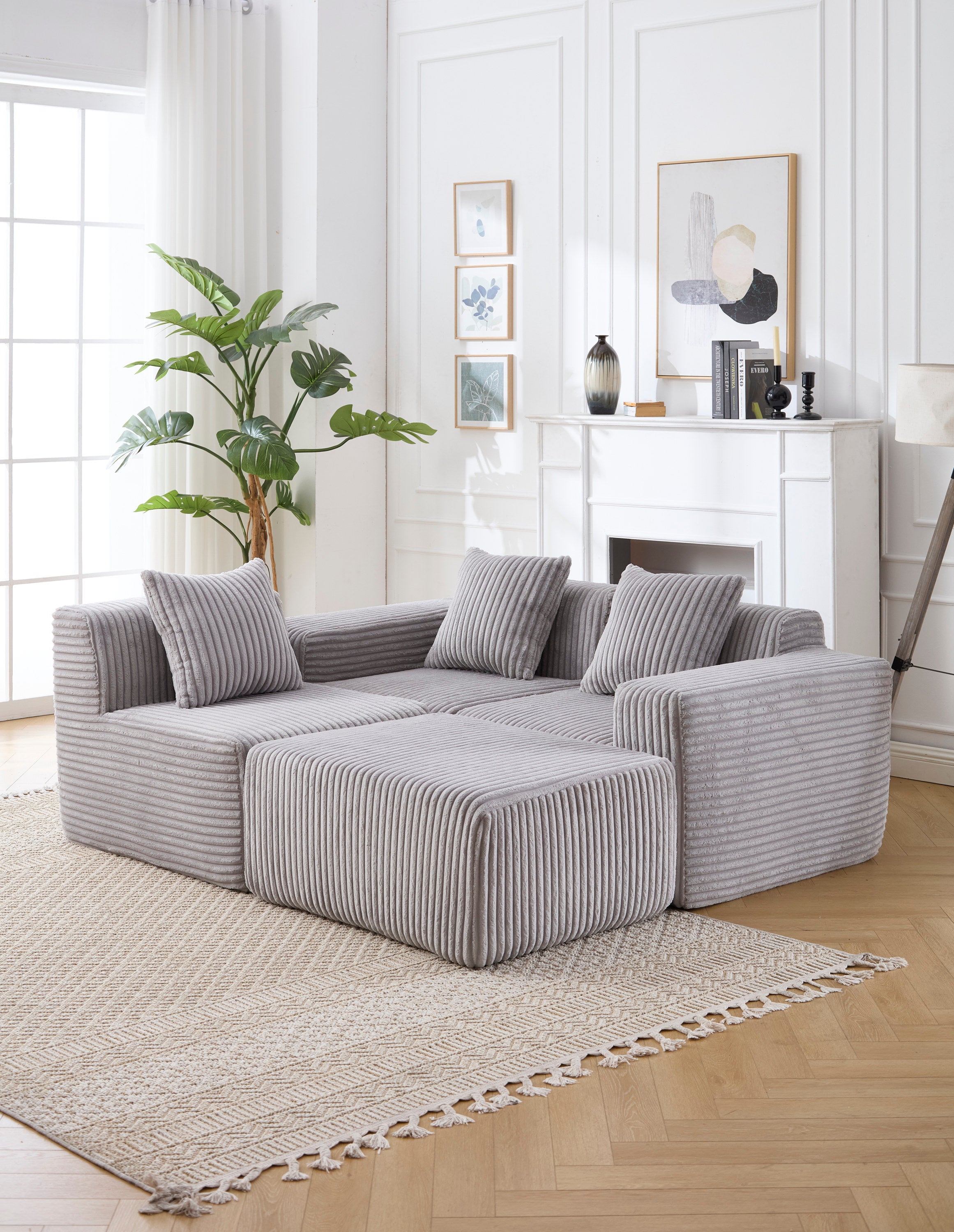 Modern Minimalist Modular Sectional Sofa,  L-Shape Upholstered Cloud Couch with Deep Seats, Right Facing Chaise for Living Room-Light Gray