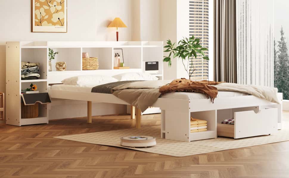 Queen Size Wood Platform Bed with Multi-storage Headboard and a Drawer, White