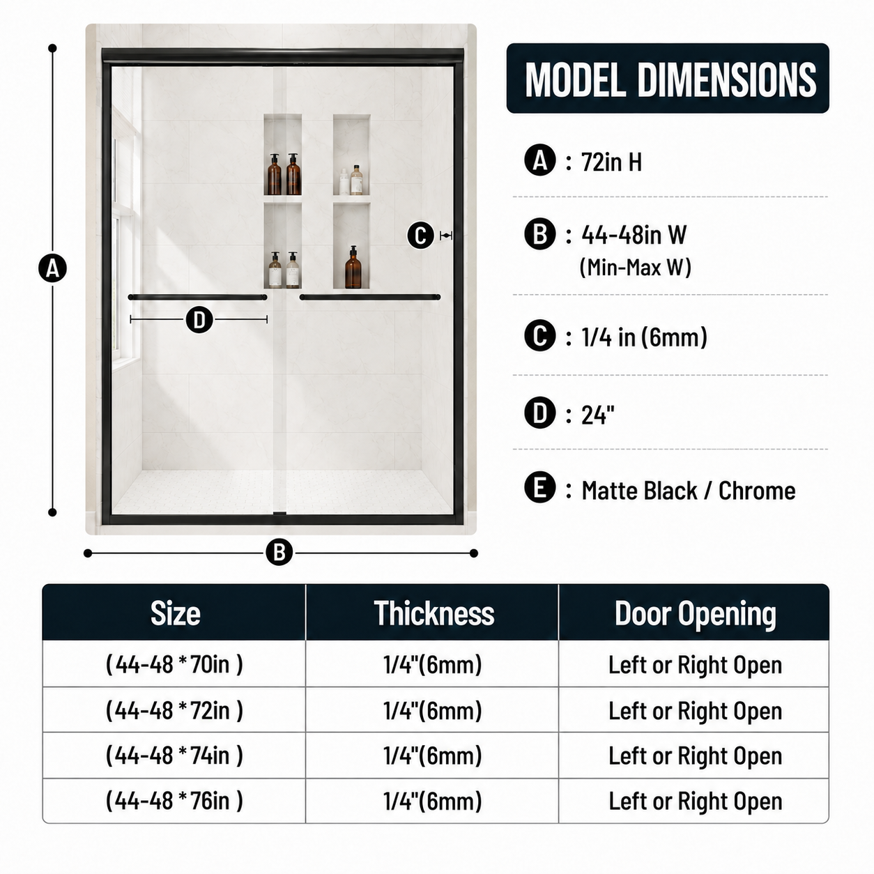 44-48 x 72 in Framed Double Sliding Shower Door - 44-48 x 72 in / Matte Black view 2