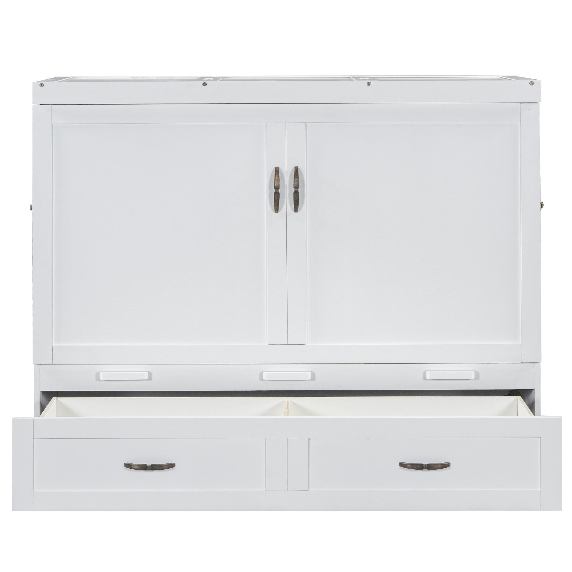 Queen Size Murphy Bed with USB Ports, Large Drawers and Metal Handles, White