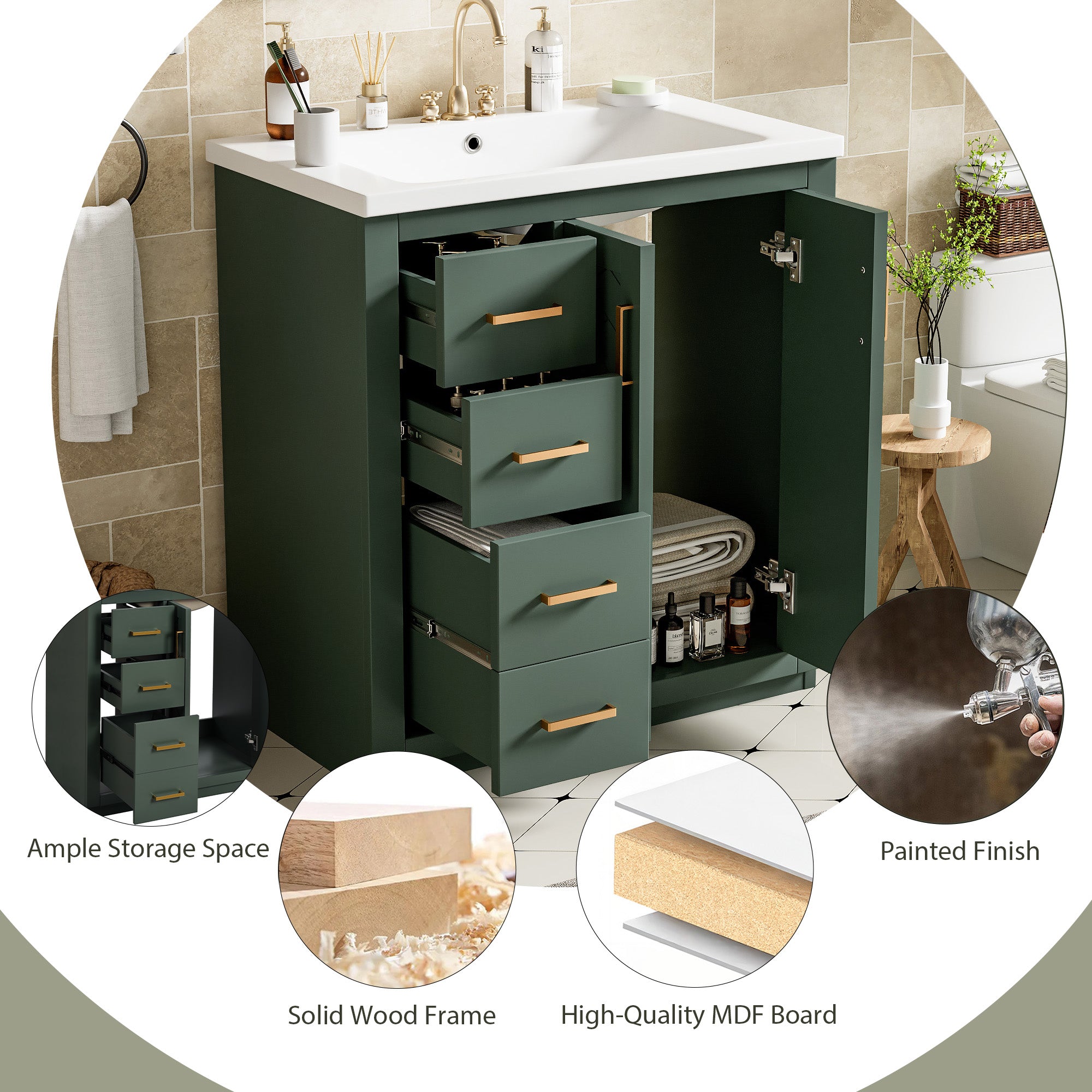 30 inch solid wood vanity with ceramic sink, drawers open detail