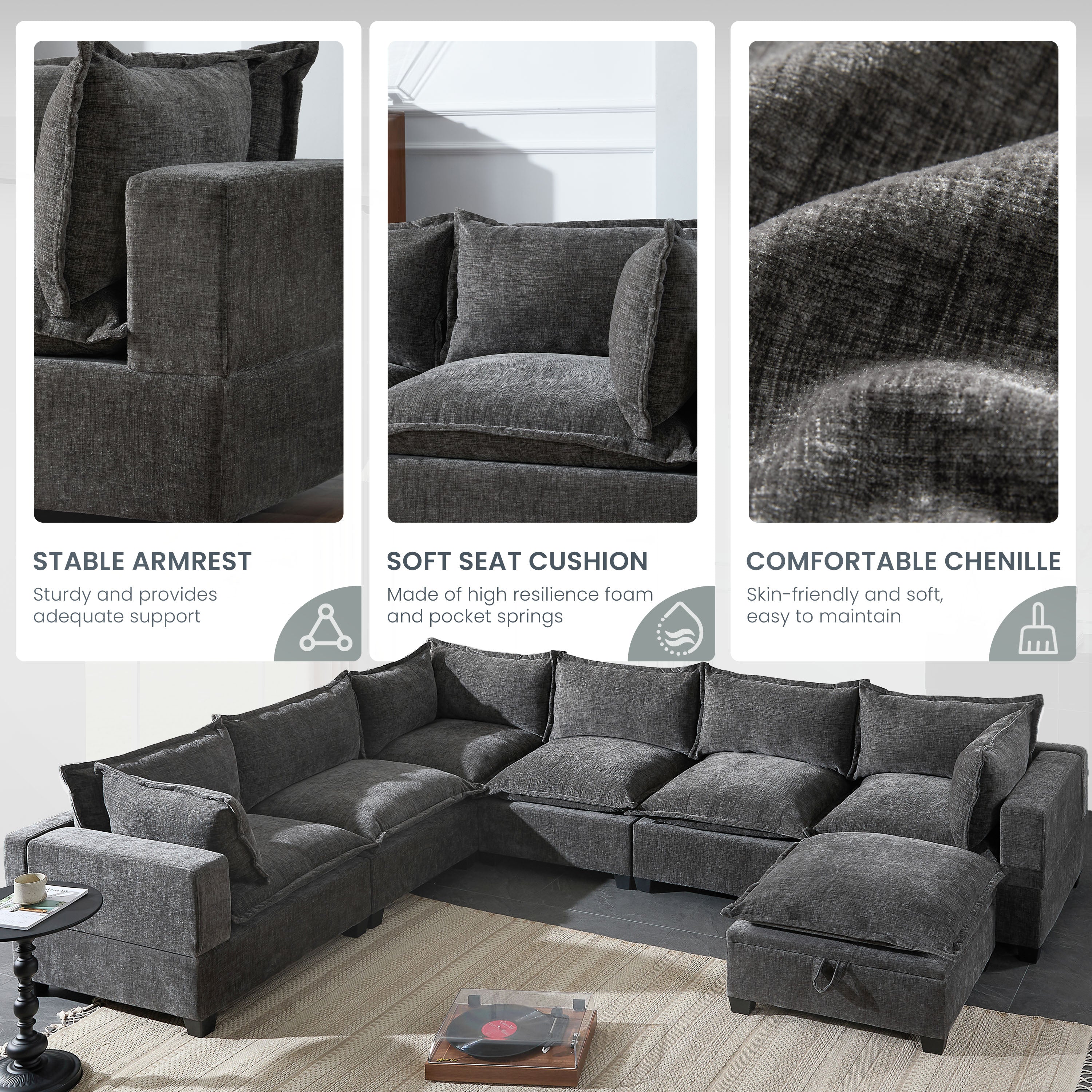 U-shaped chenille modular sofa, alternate color, full configuration view