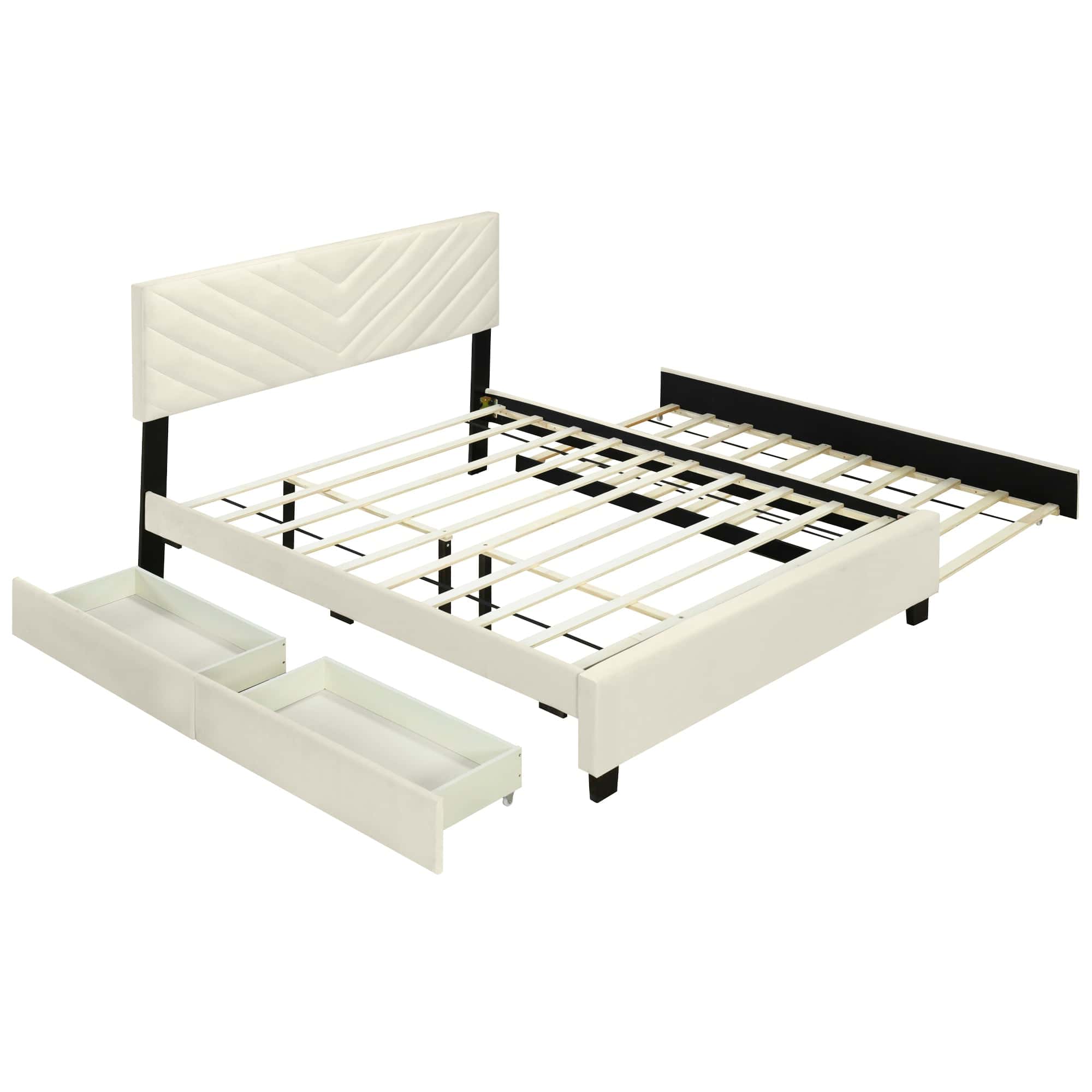 Queen Size Upholstered Platform Bed with Twill Headboard, Pullout Bed and Two Drawers, Flannel, Beige