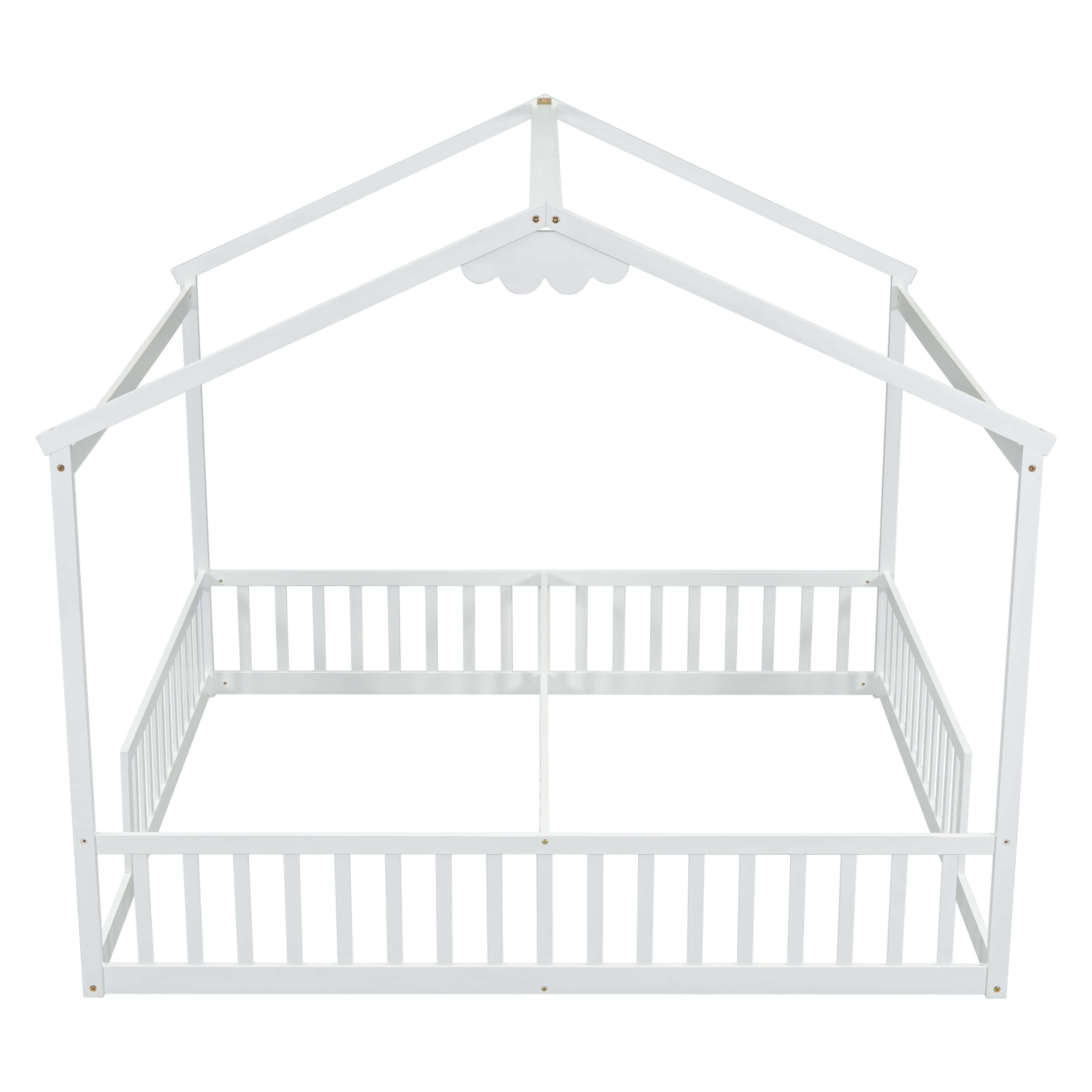 Double Twin House-Style Floor Bed with Fence, Guardrails, without door, White