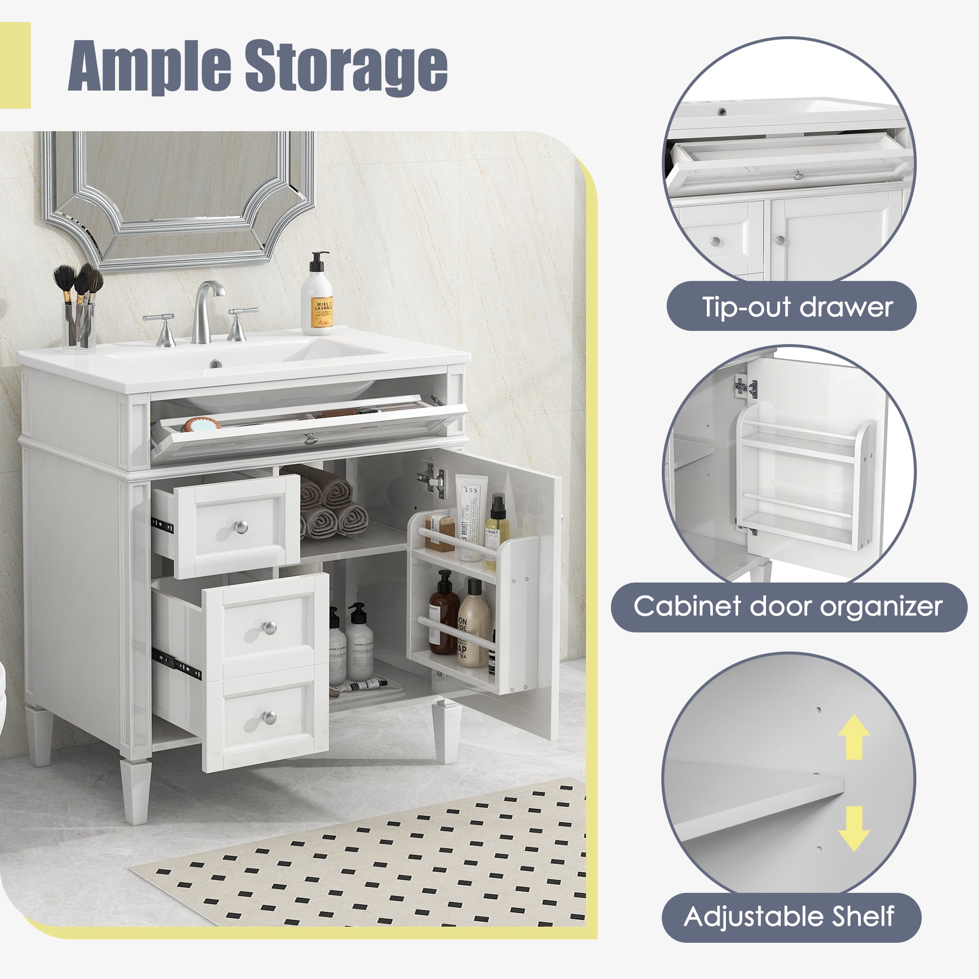 30 inch single sink bathroom vanity, side profile view