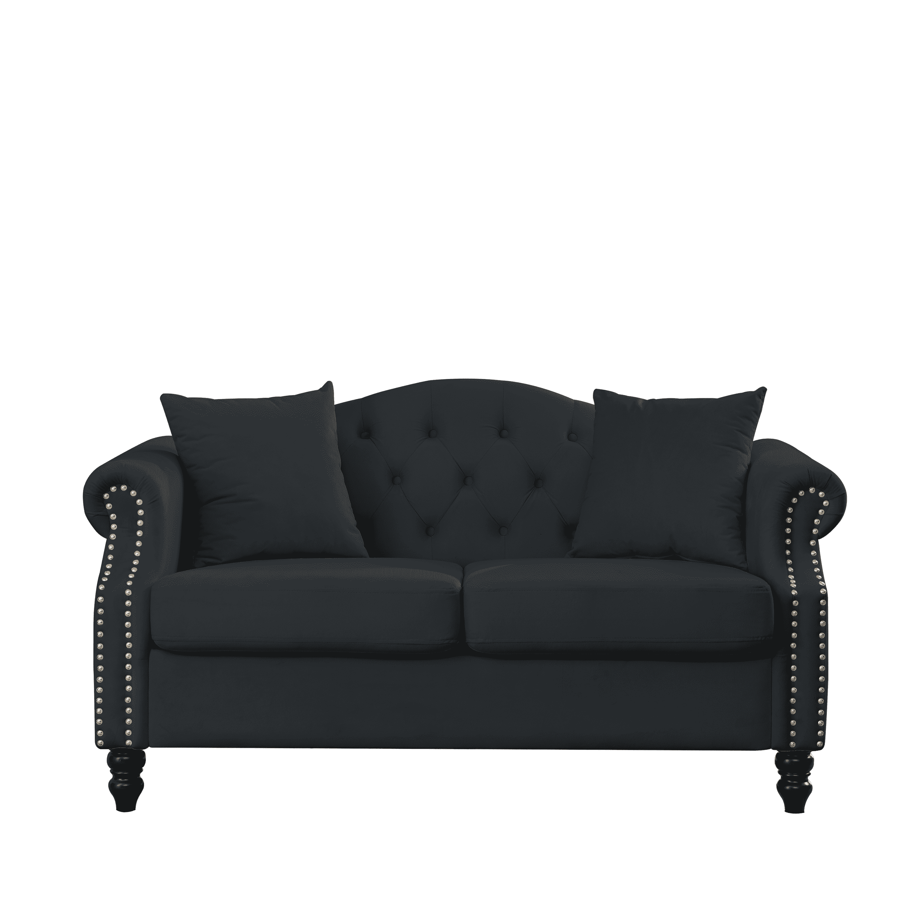 57" Chesterfield Sofa Black Velvet for Living Room, 2 Seater Sofa Tufted Couch with Rolled Arms and Nailhead for Living Room, Bedroom, Office, Apartment, two pillows