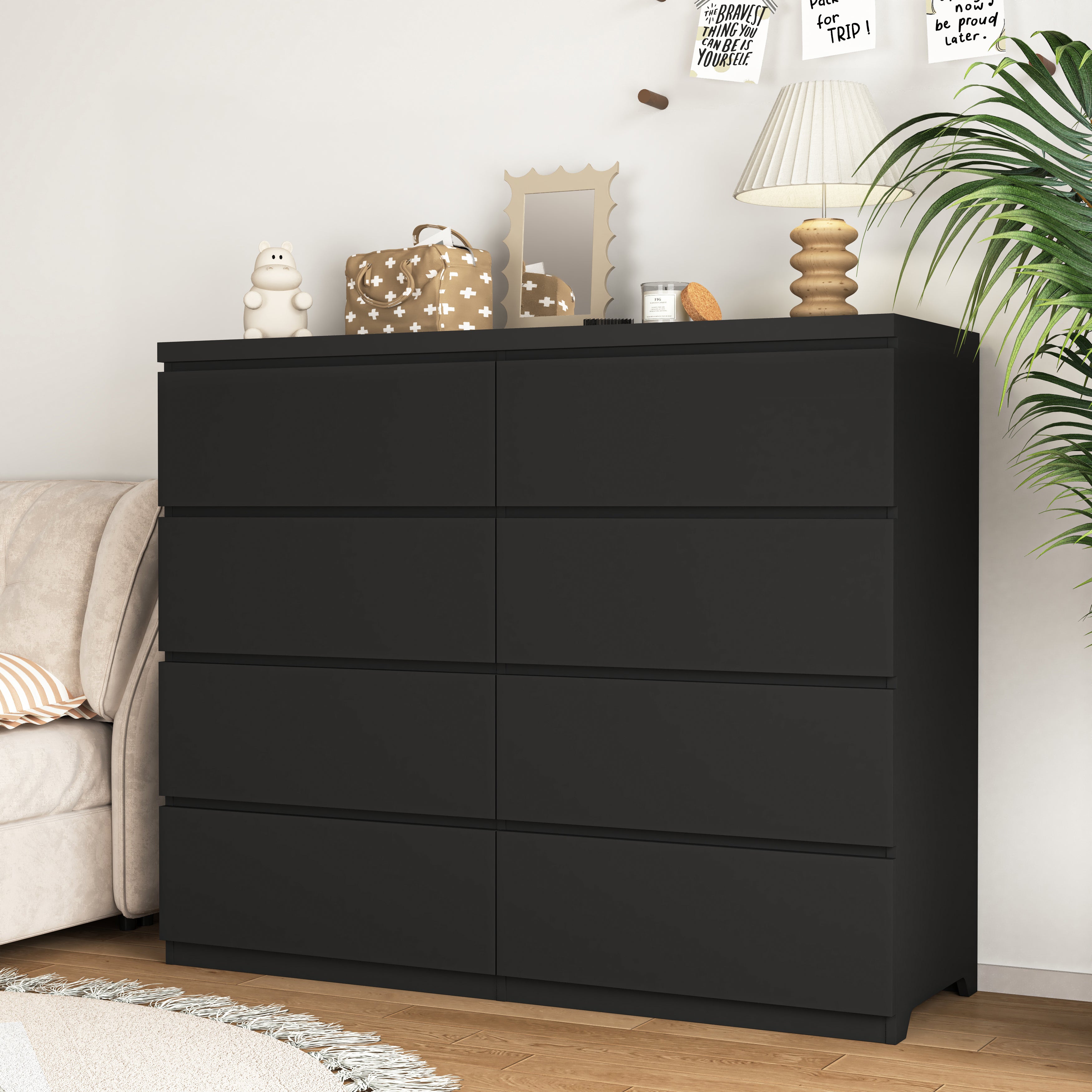 Black 8-drawer modern chest of drawers, angled view