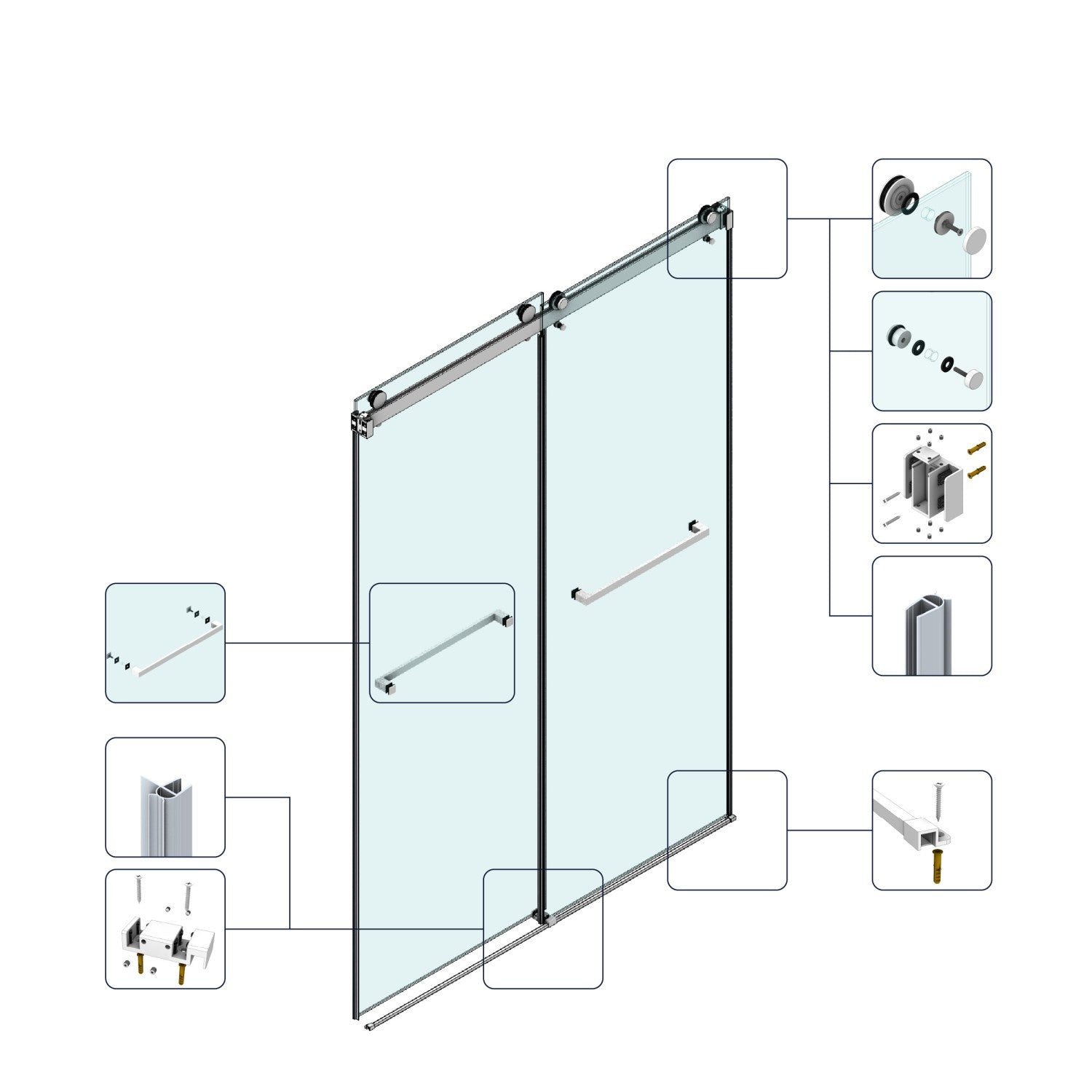 54 x 79 in Frameless Double Sliding Shower Door - 54 x 79 in / Brushed Gold / 3/8 in Glass view 8