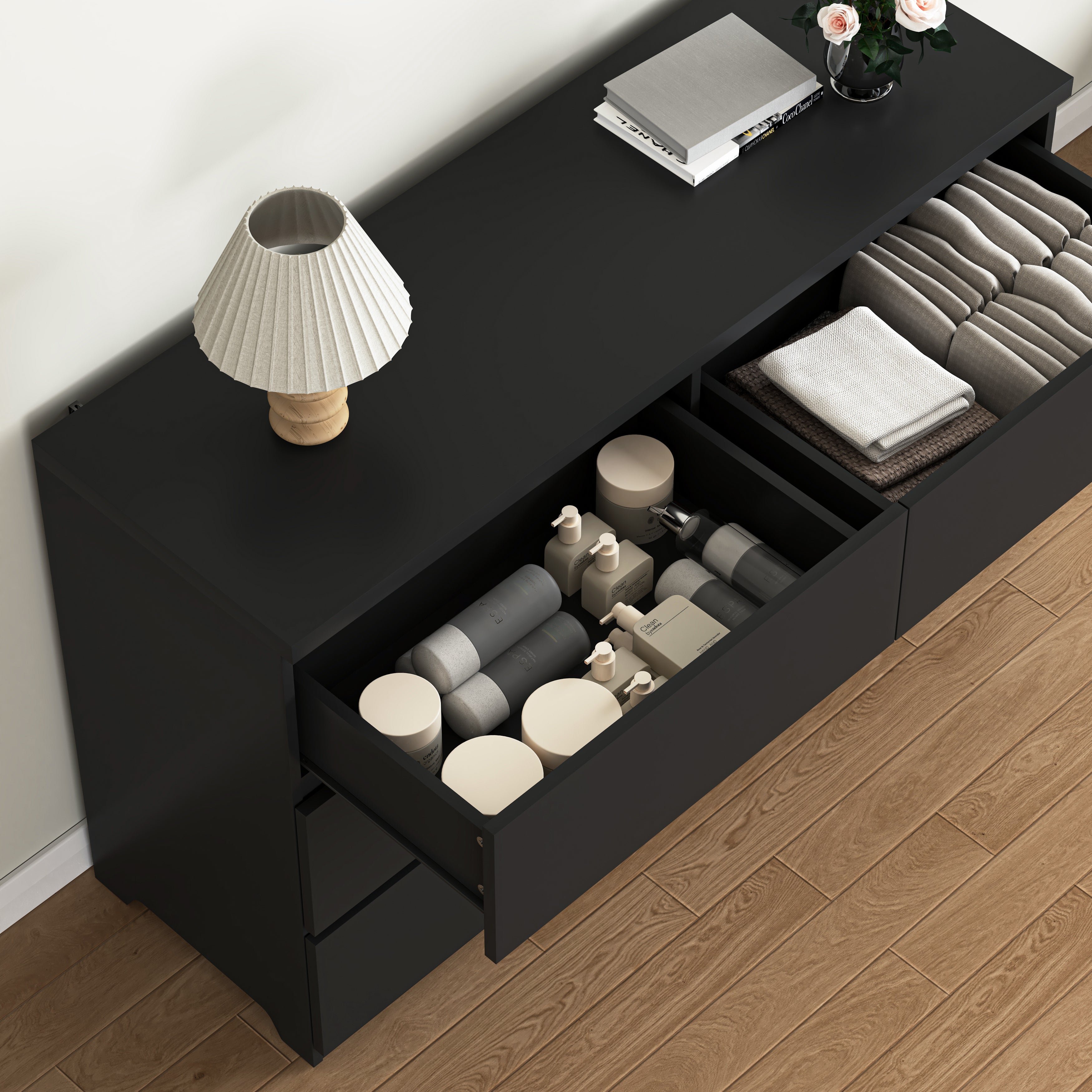 Wide wood storage dresser, detail of drawer fronts