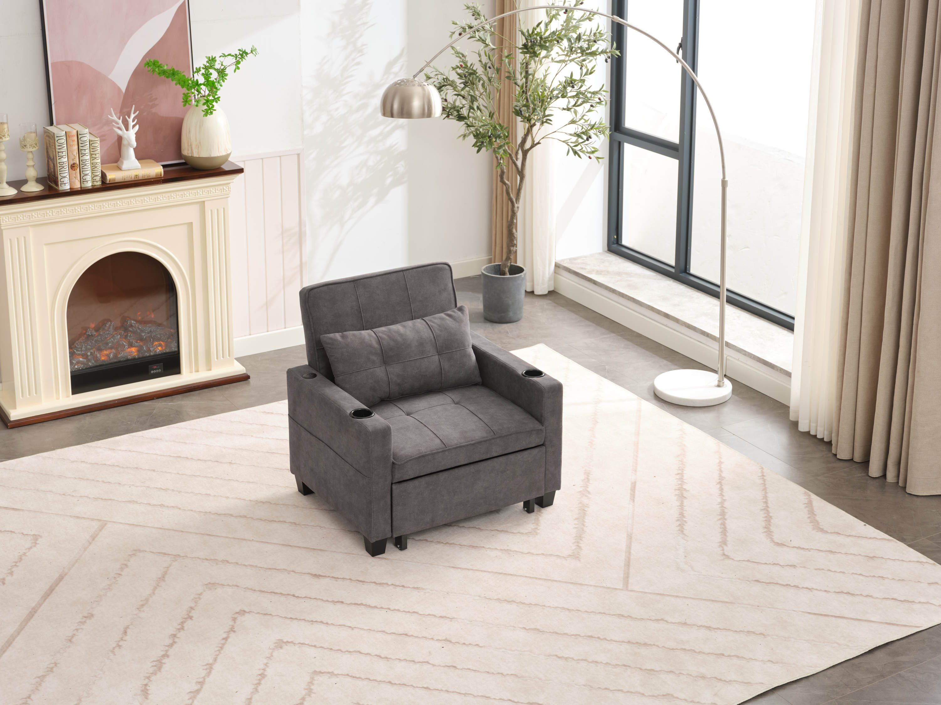 Futon Chair Bed Convertible Chair 3-in-1 Pull Out Sleeper Chair Beds with USB Ports,Wear-resistant and Anti-scratch, Armchair Bed Sleeper for Living Room (Dark Grey Scratch Cloth)