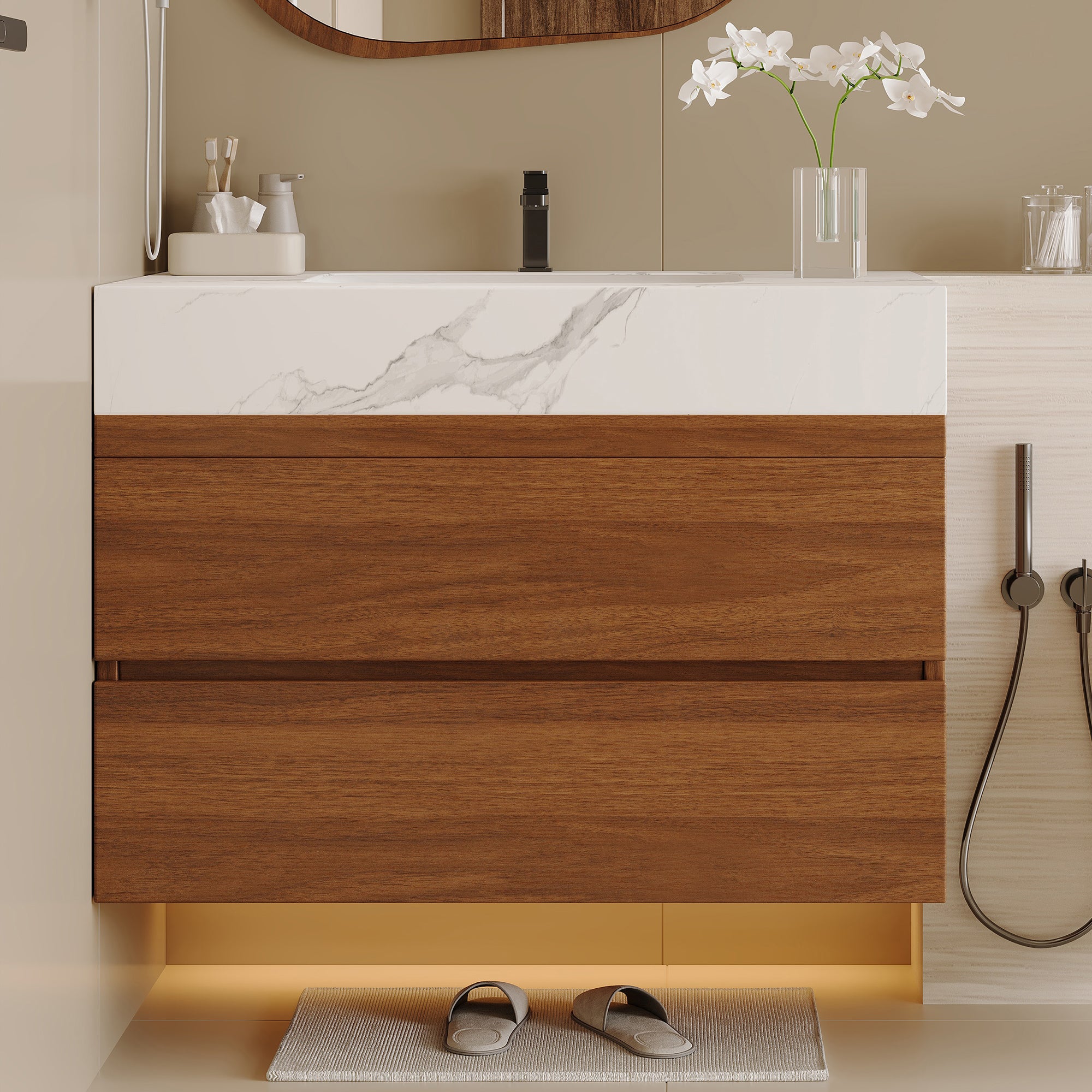 Floating bathroom vanity 29.9 inch faux marble top with ceramic undermount sink, angled view
