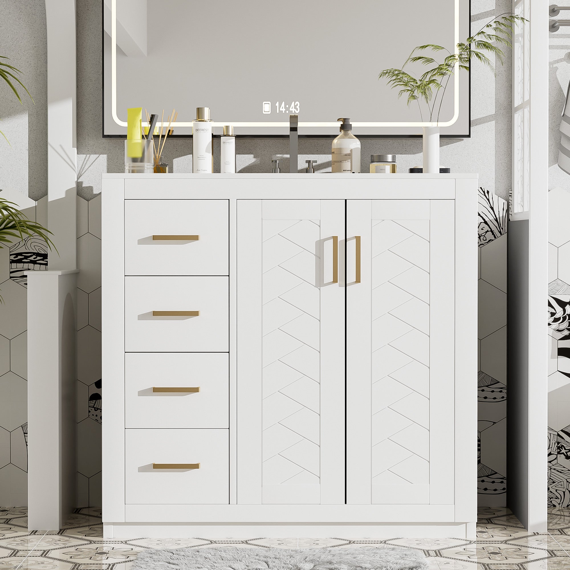 36 in. freestanding bathroom vanity with white ceramic sink, front view