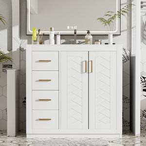 36 in. freestanding bathroom vanity with white ceramic sink, front view