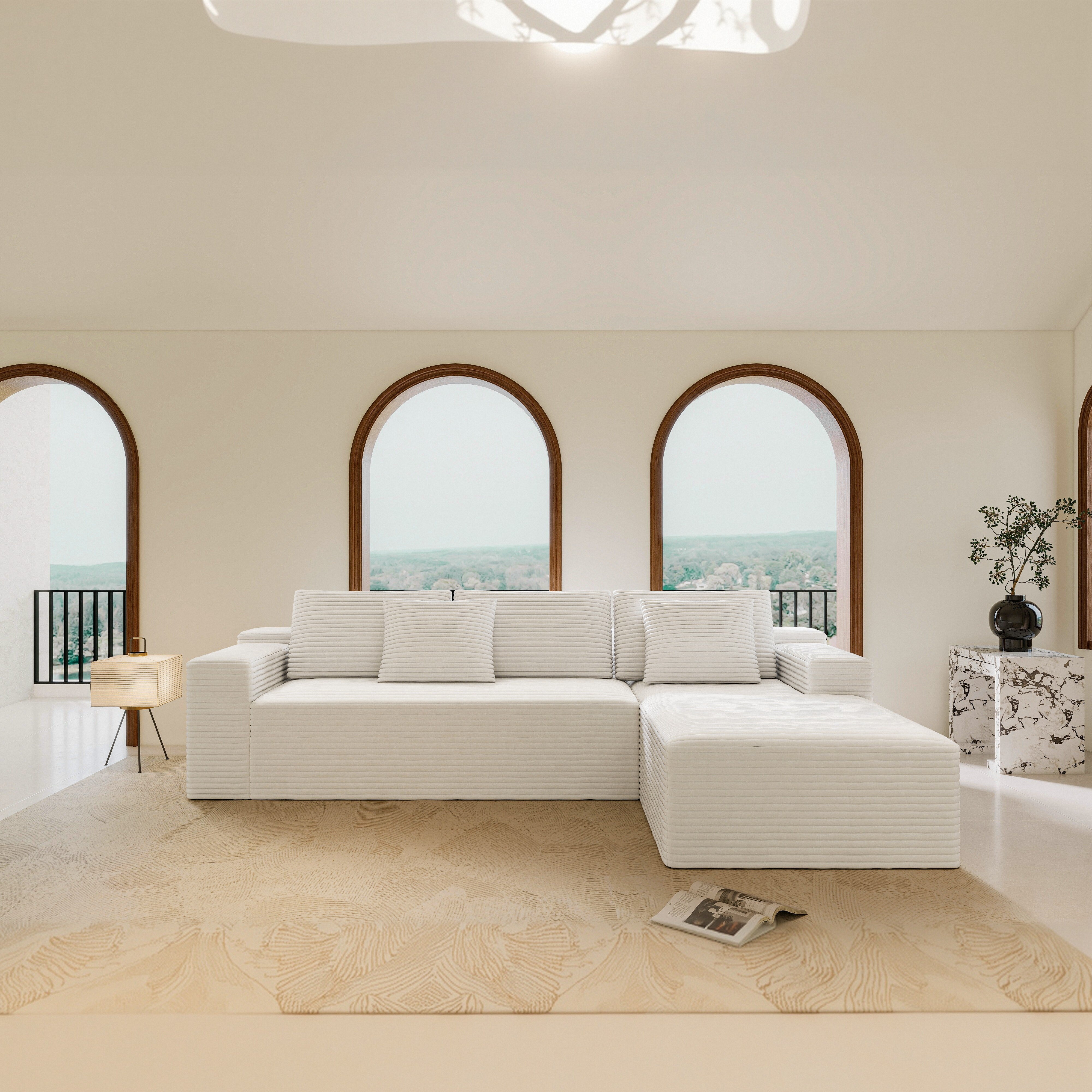 White corduroy modular sectional sofa in living room setting