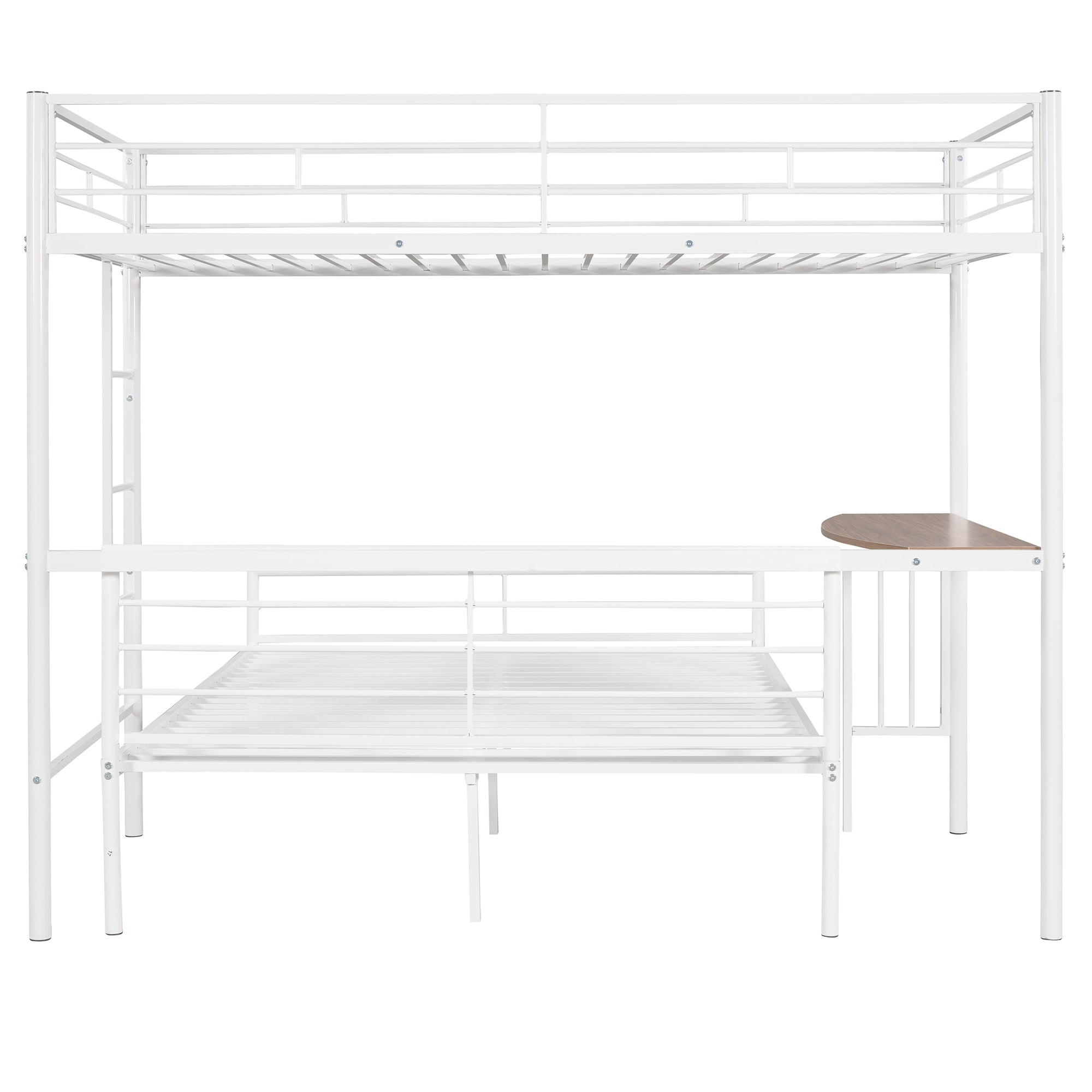 Twin Over Full Metal Bunk Bed with Desk, Ladder and Quality Slats for Bedroom, Metallic  White(OLD SKU :LP000092AAK)