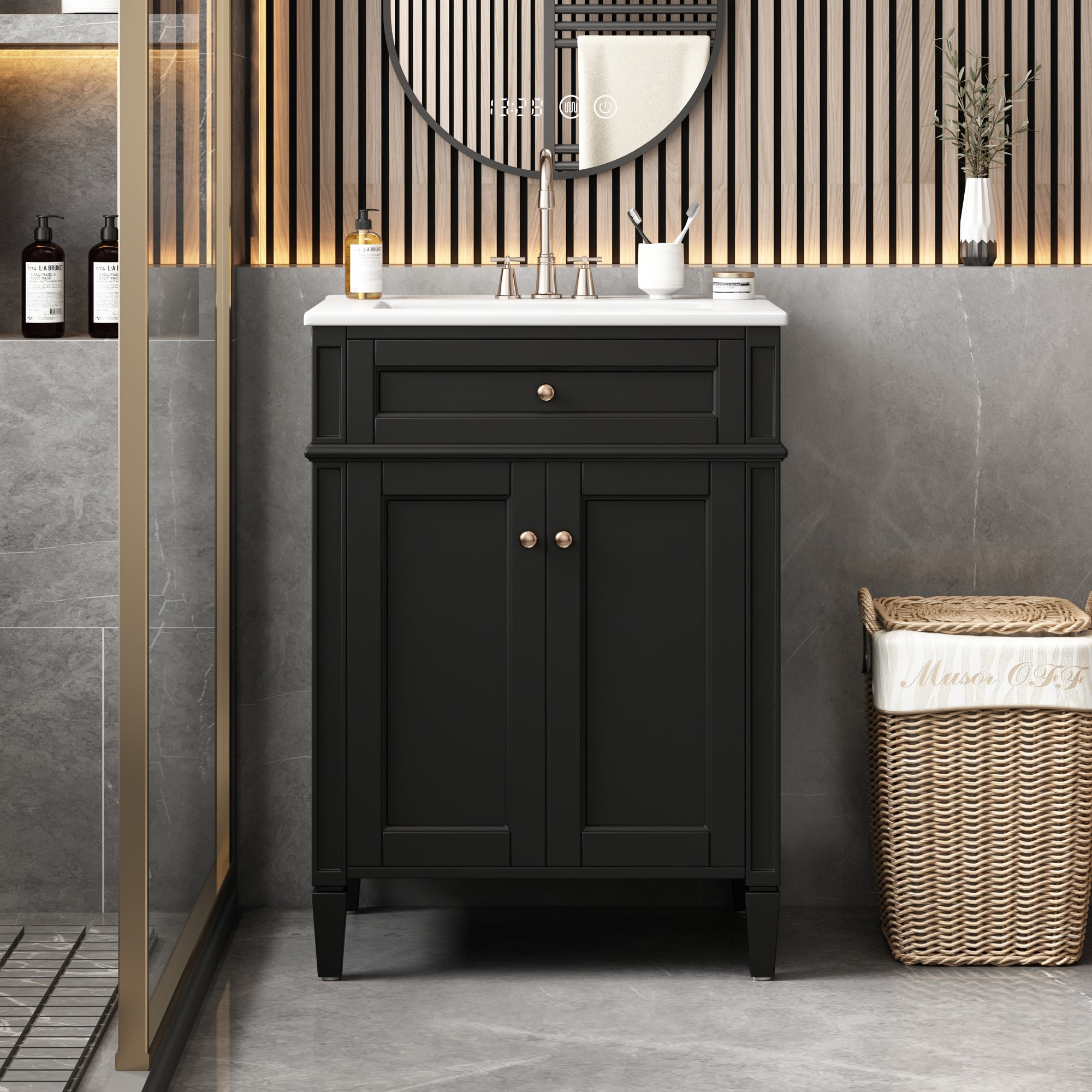 24-inch bathroom vanity with sink and 2 soft-closing doors, front view