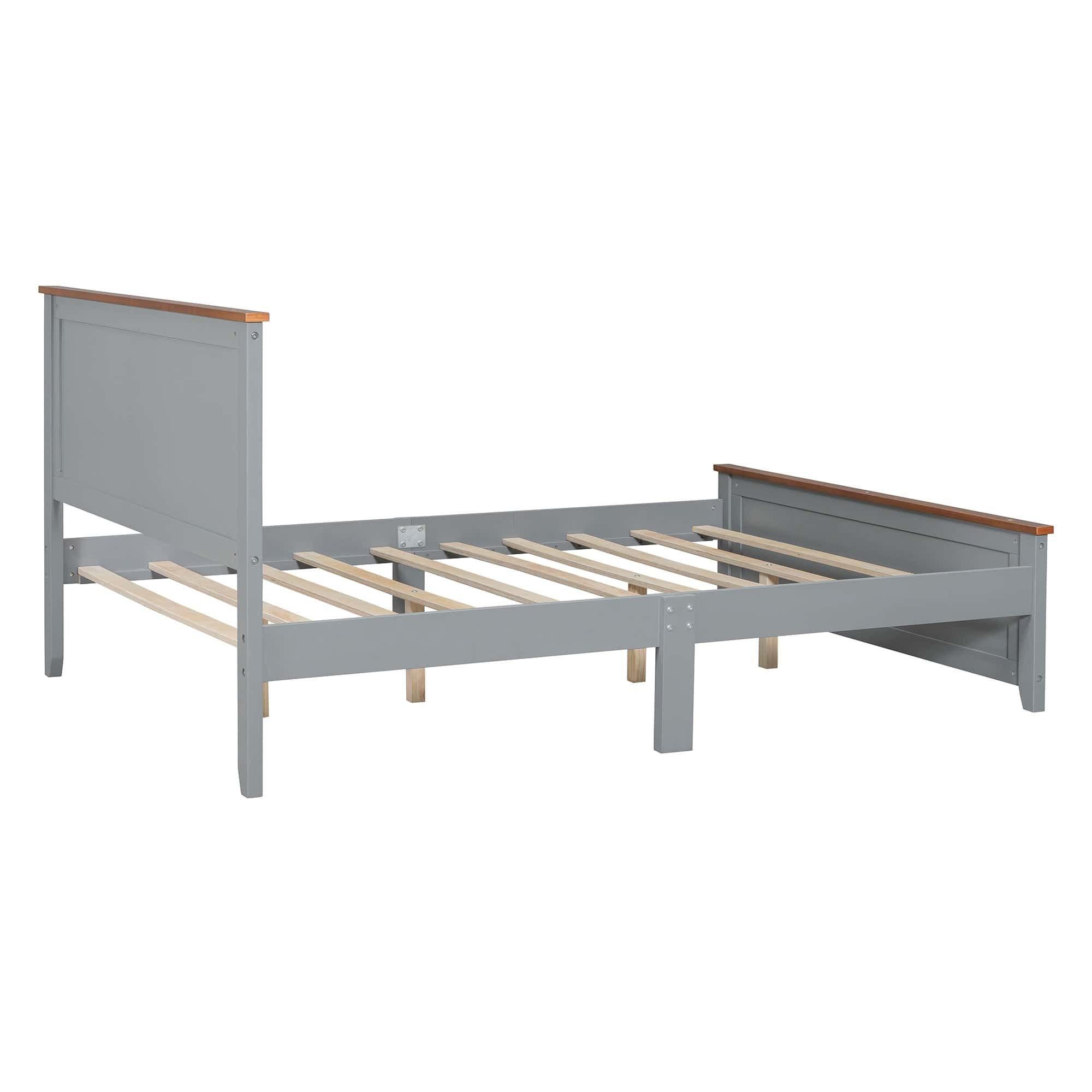 Full Size Wood Platform Bed Wooden Slat Support, Vintage Simple Bed Frame with Rectangular Headboard and Footboard, Grey