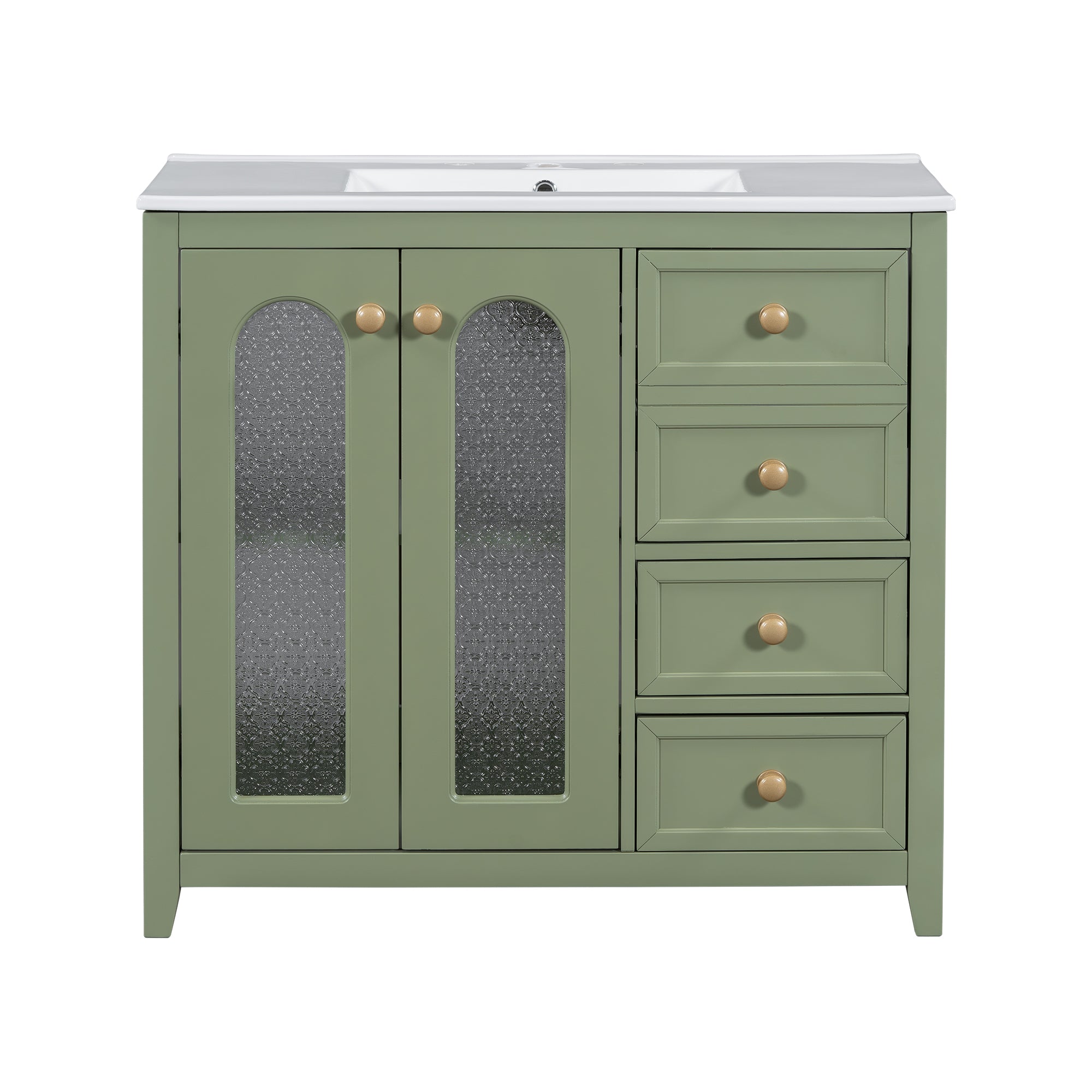 36-inch bathroom vanity with two soft close doors, adjustable shelves and three drawers