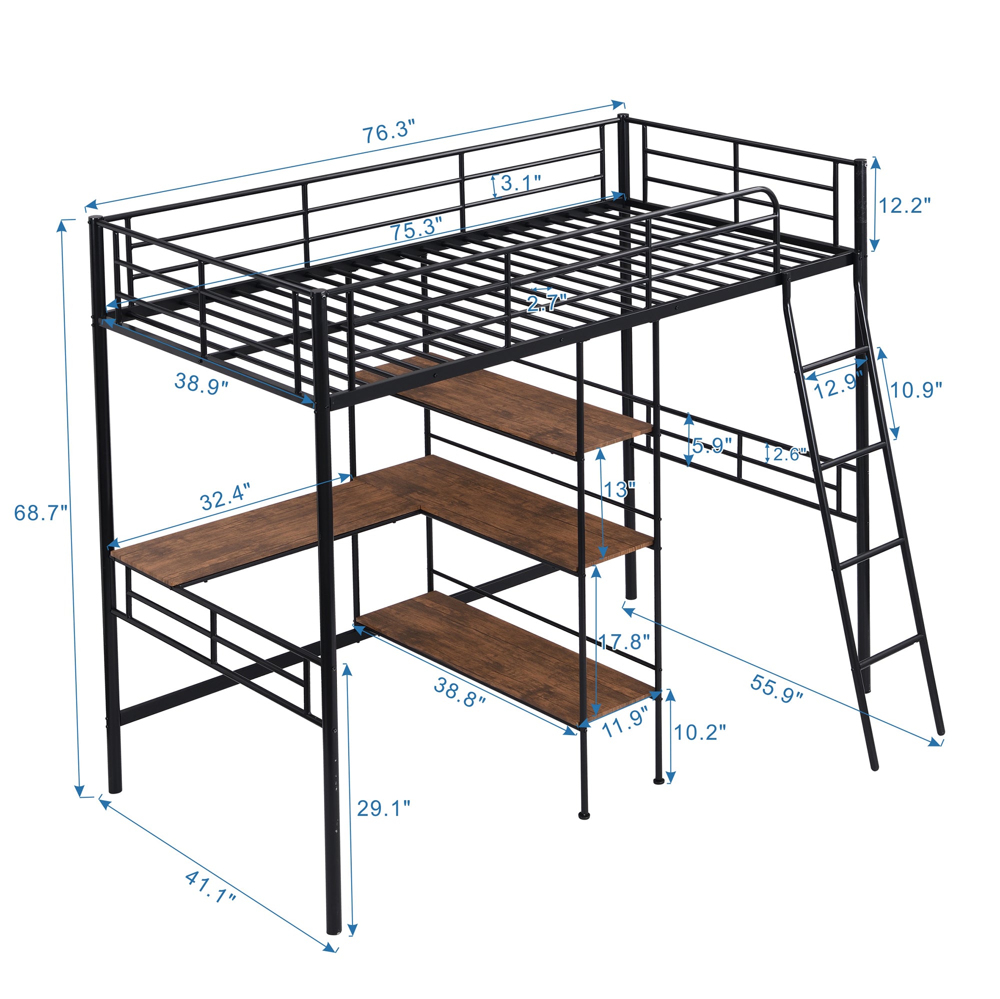 Twin Size Metal Loft Bed and Built-in Desk and Shelves,Black(OLD DKU:WF280270AAB)
