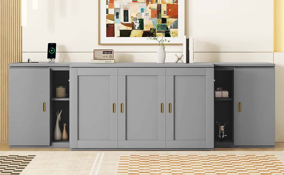 Full Size Murphy Bed with Shelves, Cabinets and USB Ports,Gray