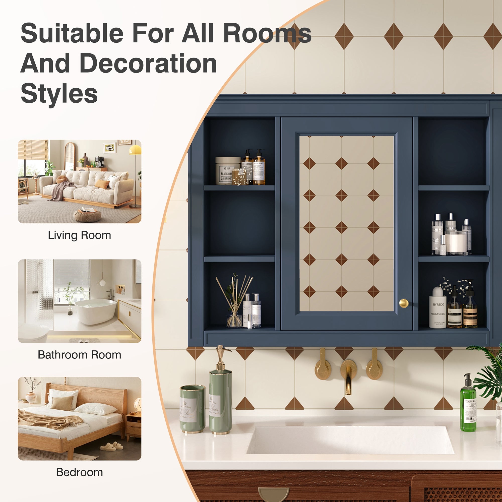 Modern mirrored medicine cabinet open showing storage shelves