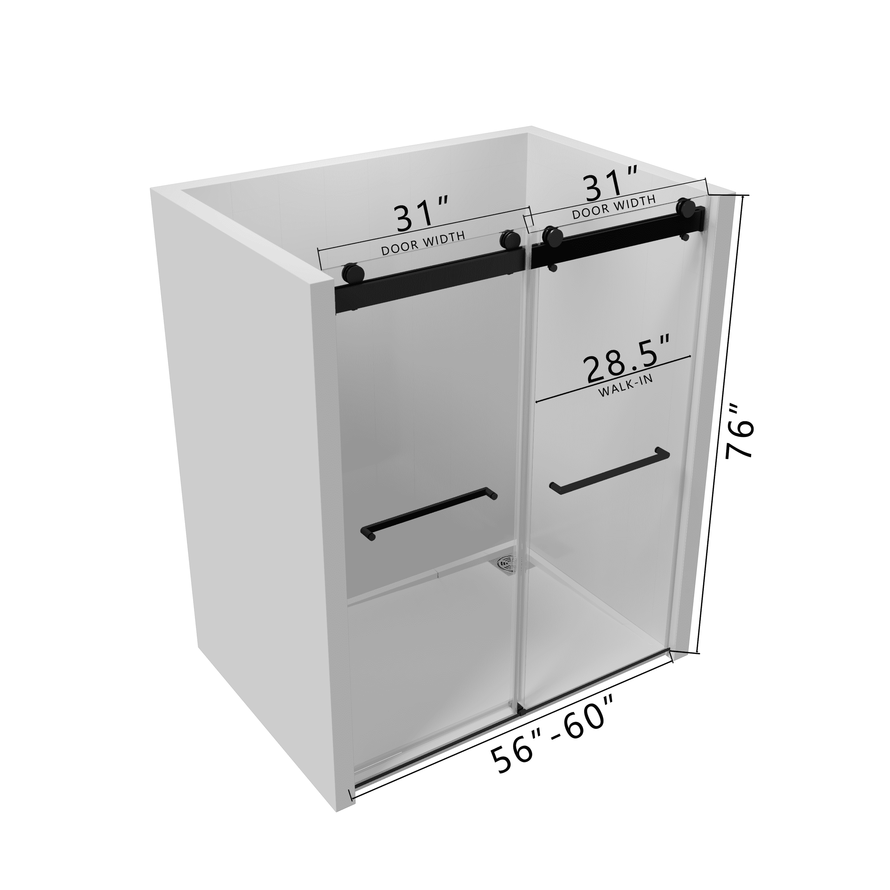 56-60"W x 76"H Double Sliding Frameless Soft-Close Shower Door with Premium 3/8 Inch (10mm) Thick Tampered Glass and Easy-cleaning Coating in Matte Black 23D02-60MB