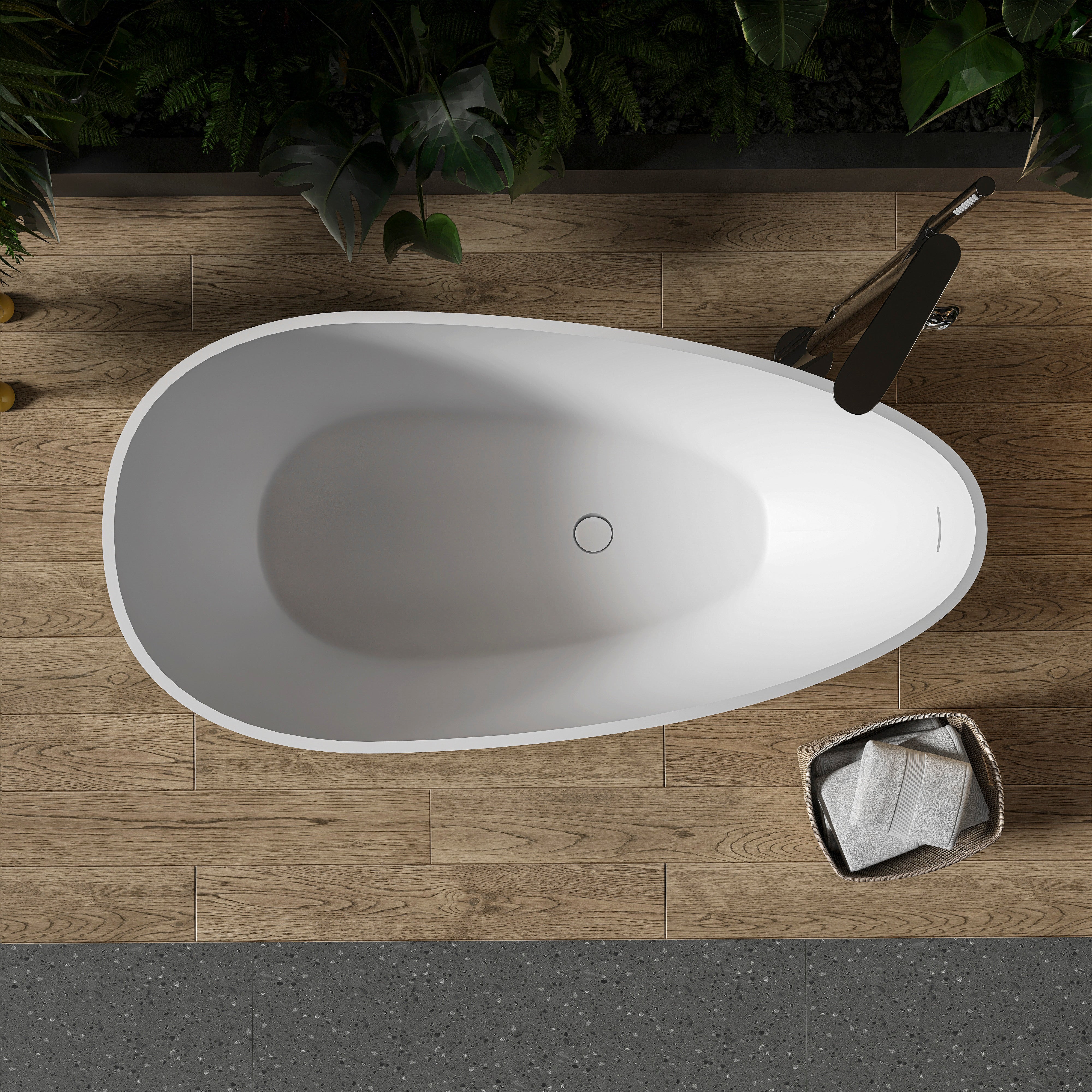Freestanding egg shape solid surface bathtub 59 inch white interior basin view