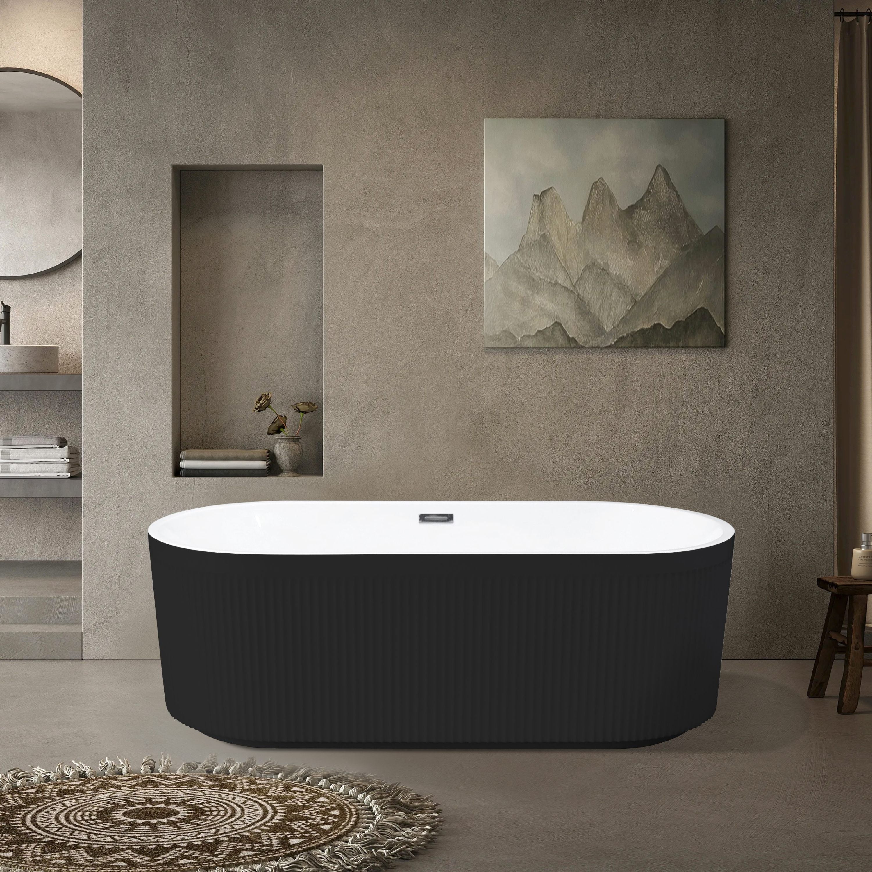 67" Acrylic Freestanding Bathtub, Unique Pleated Design, Glossy Black, Chrome Overflow and Pop-Up Drain, , cUPC Certified