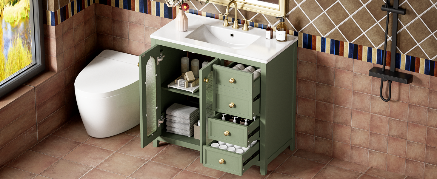 36-inch bathroom vanity with two soft close doors, adjustable shelves and three drawers