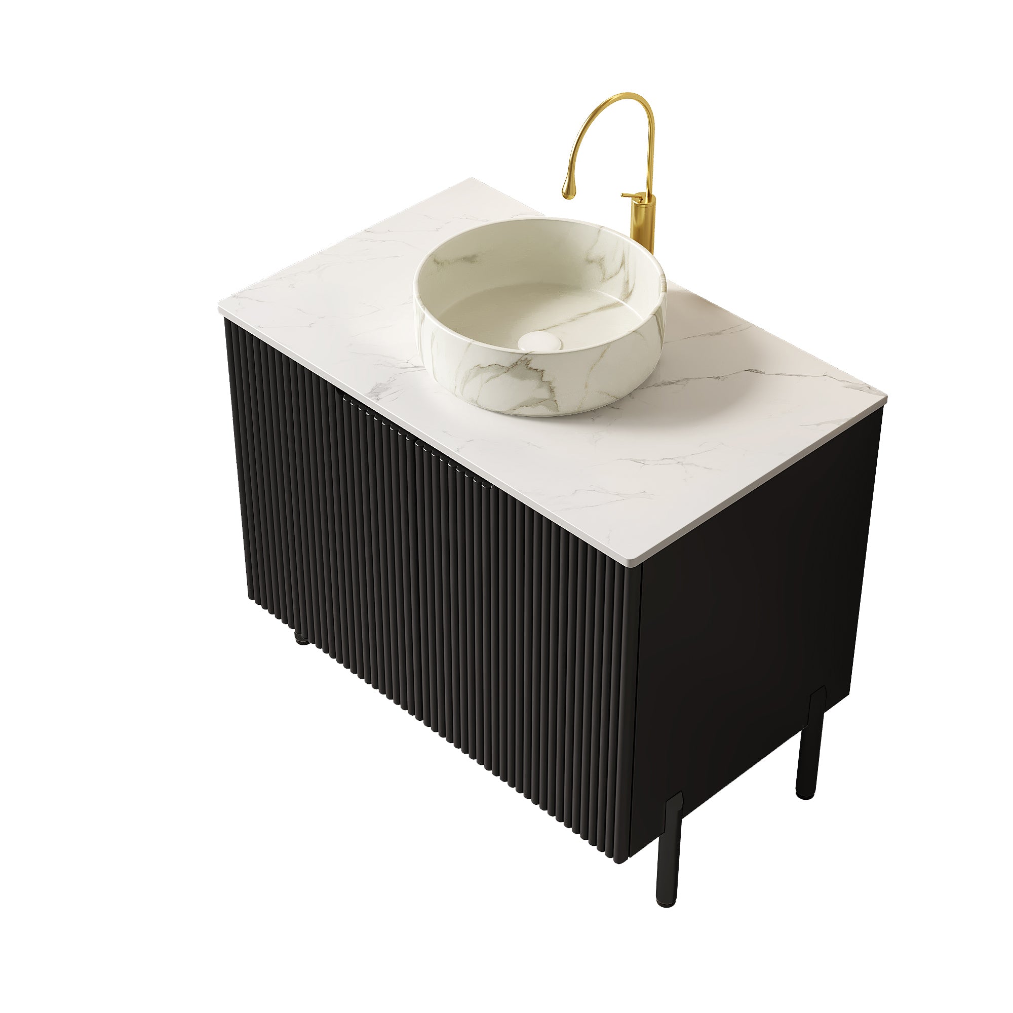 30-inch vanity white round ceramic basin close-up, Carrara white stone-pattern top