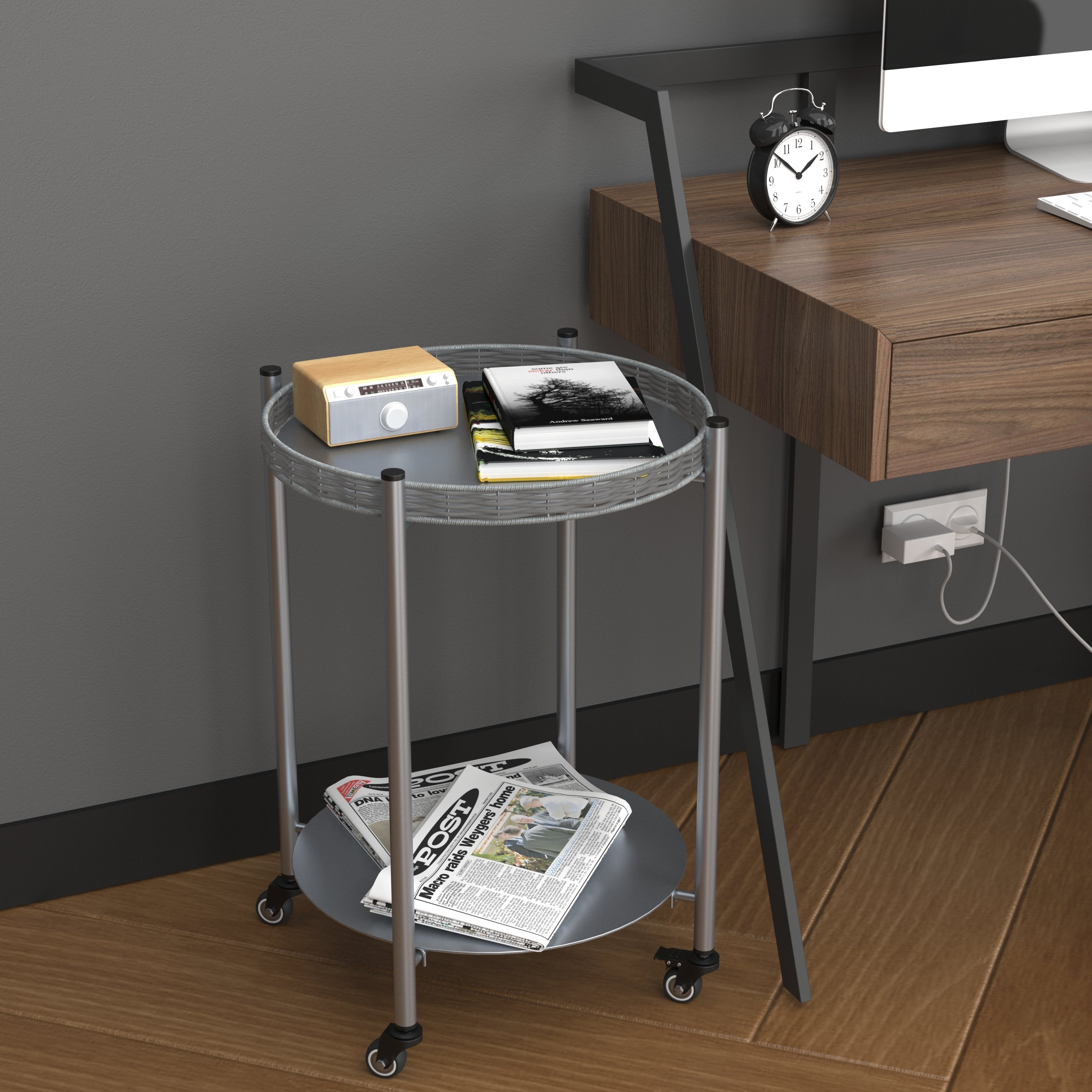 Round metal side table silver gray, showing lower shelf detail
