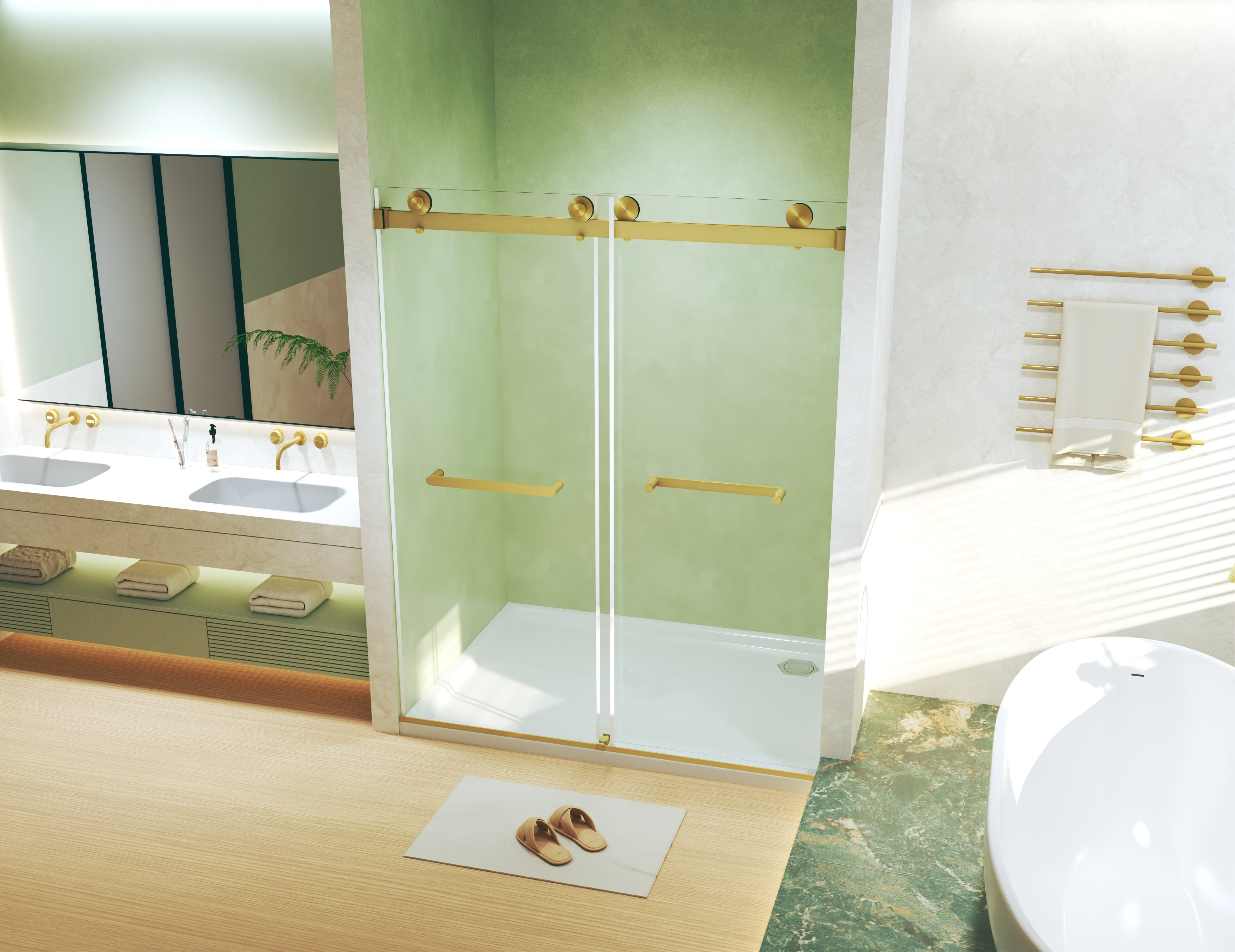 56-60 x 74 in Frameless Double Sliding Square-Tube Shower Door - 56-60 x 74 in / Brushed Gold / Square Tube view 12