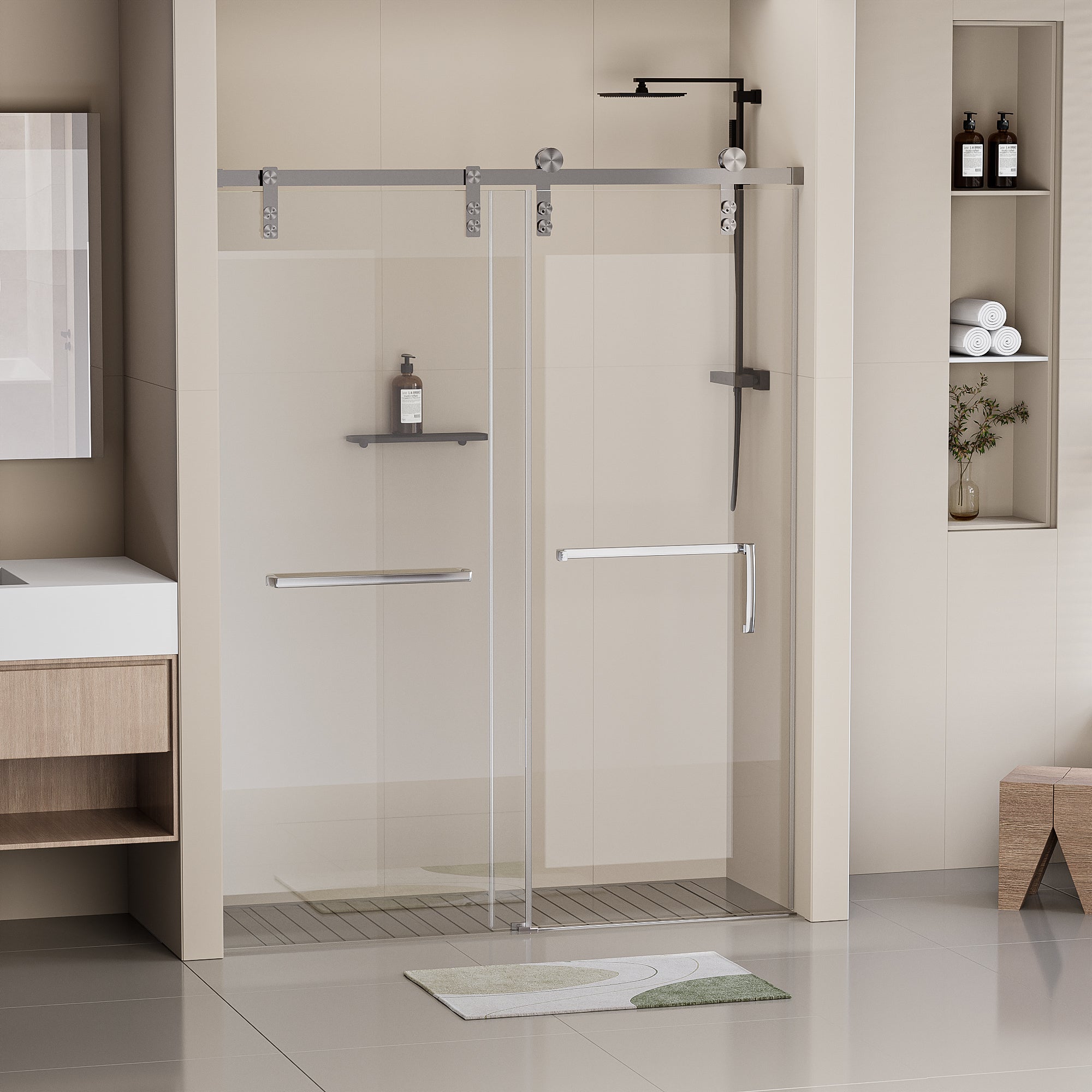 60 in. W x 76 in. H Frameless Soft-closing Shower Door, Single Sliding Shower Door, 5/16" (8mm) Clear Tempered Glass Shower Door with Explosion-Proof Film, Brushed Nickel 24D211-60BN-COMBO