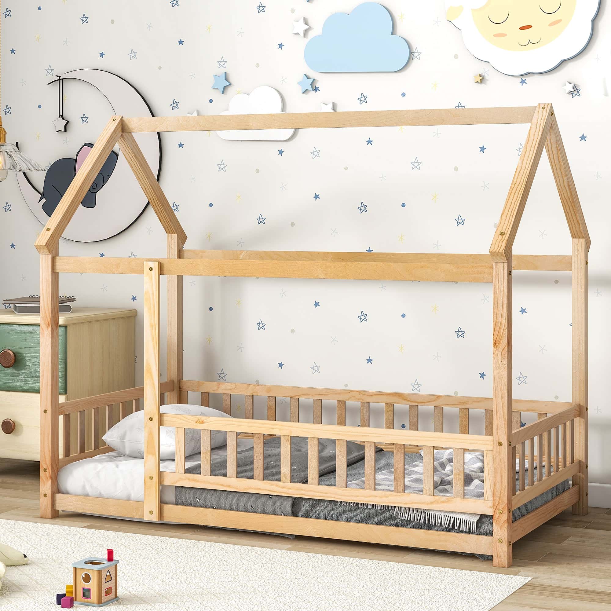 Twin Size Floor Wooden Bed with House Roof Frame, Fence Guardrails,(Old SKU:W504105240)