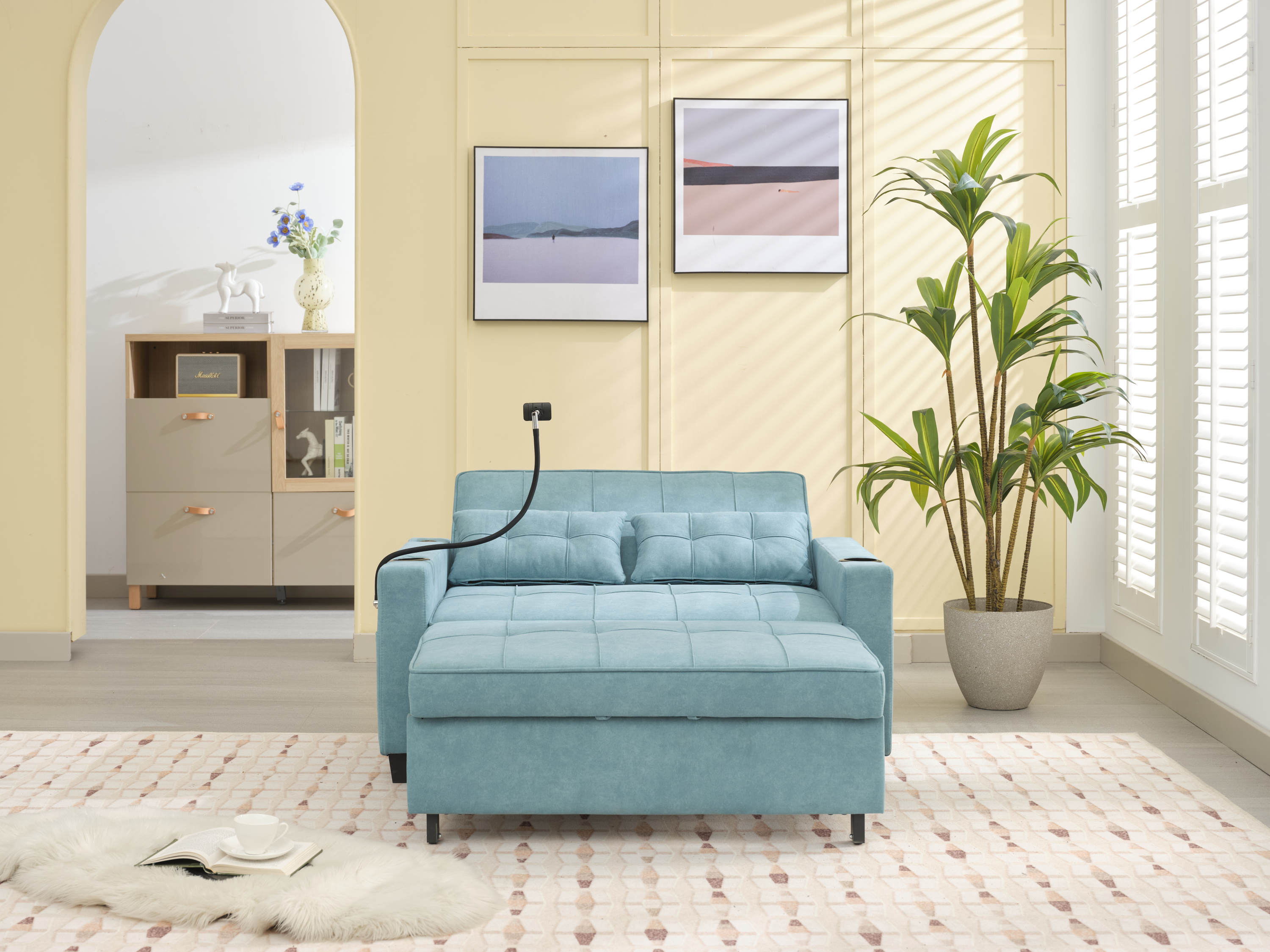 Futon Chair Bed Convertible Chair 3-in-1 Pull Out Sleeper Chair Beds with USB Ports,Wear-resistant and Anti-scratch, Armchair Bed Sleeper for Living Room (Green Tech cloth)