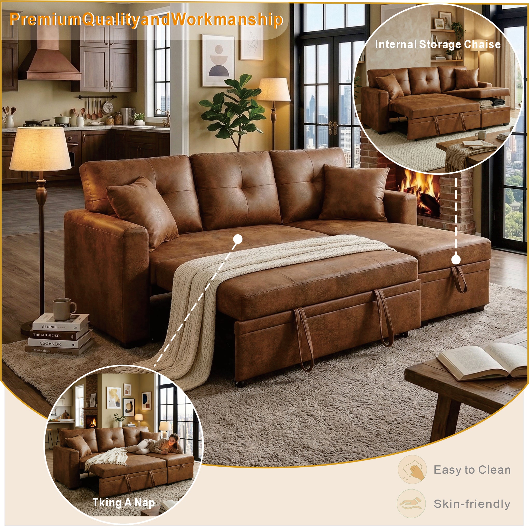 Light brown sectional sleeper sofa with under-seat storage open