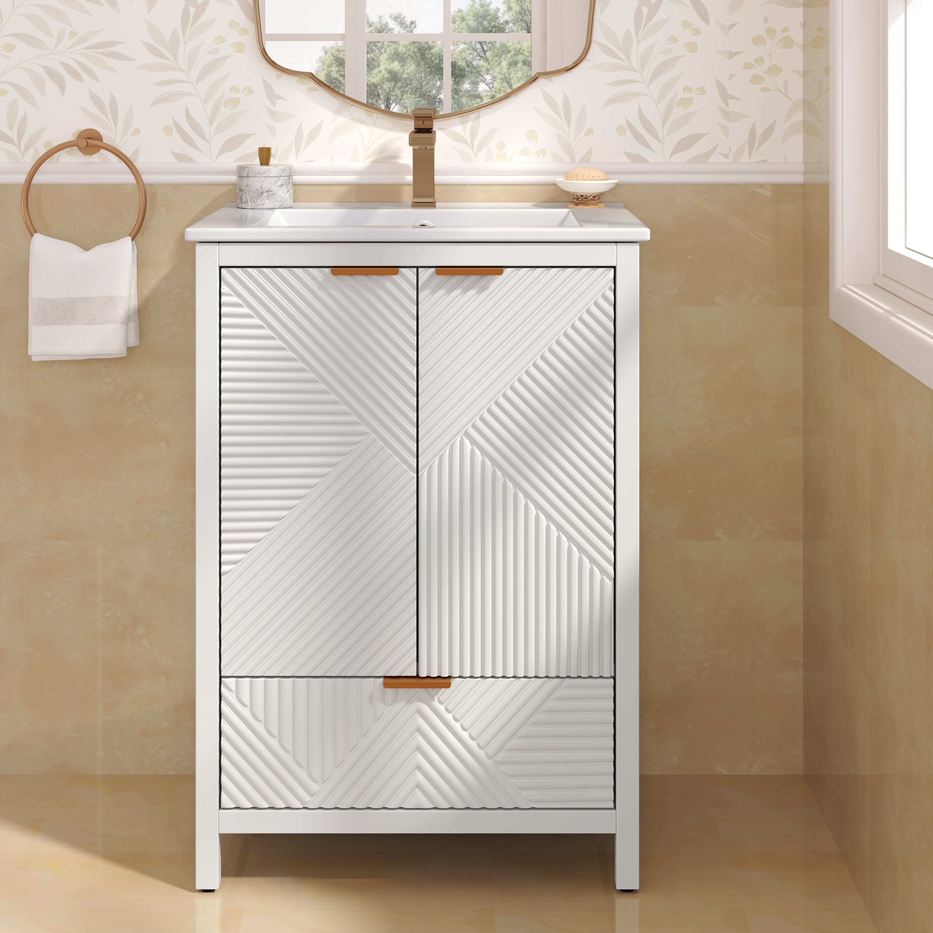 White bathroom vanity with integrated sink and single faucet hole, top view