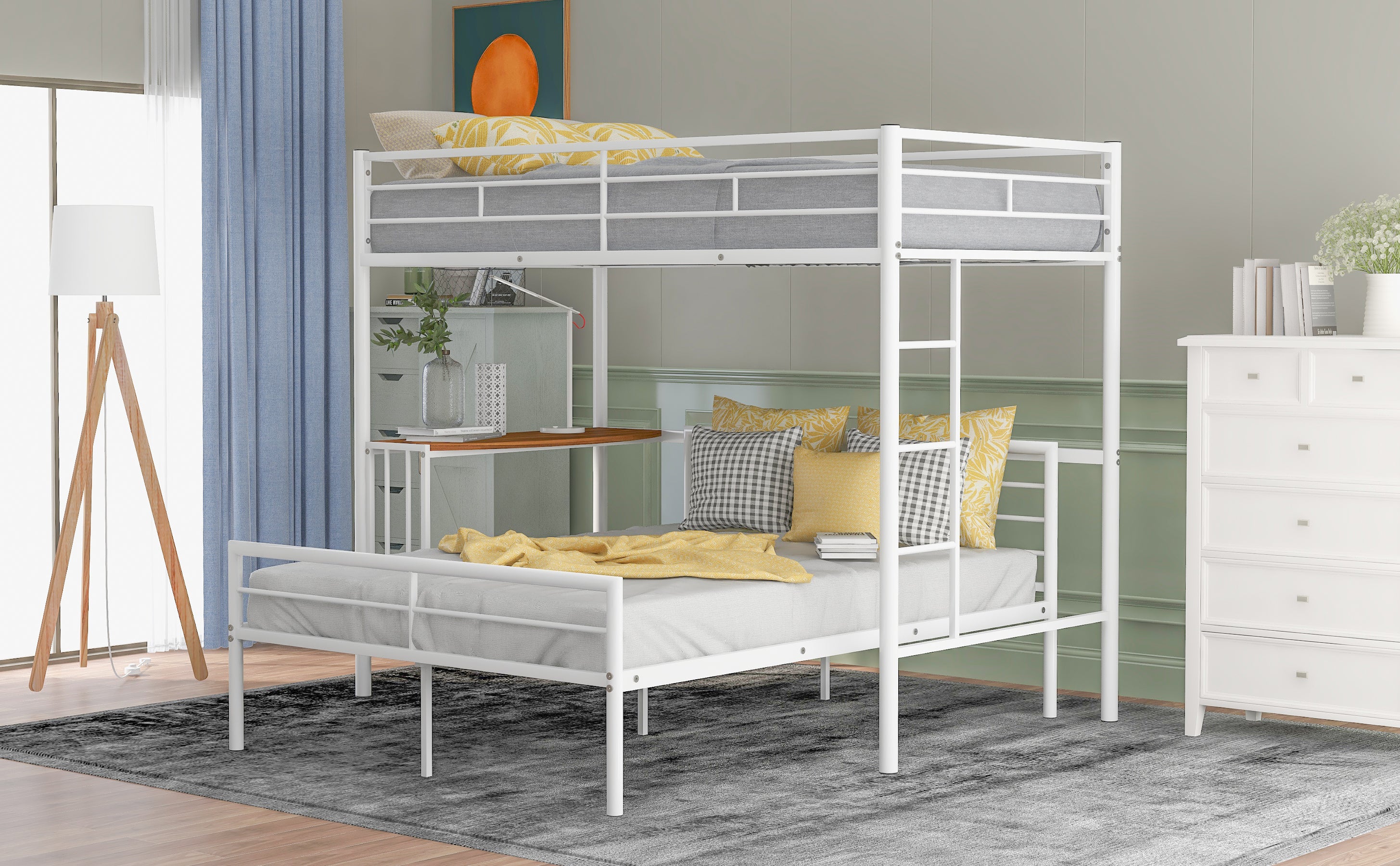 Twin Over Full Metal Bunk Bed with Desk, Ladder and Quality Slats for Bedroom, Metallic  White(OLD SKU :LP000092AAK)