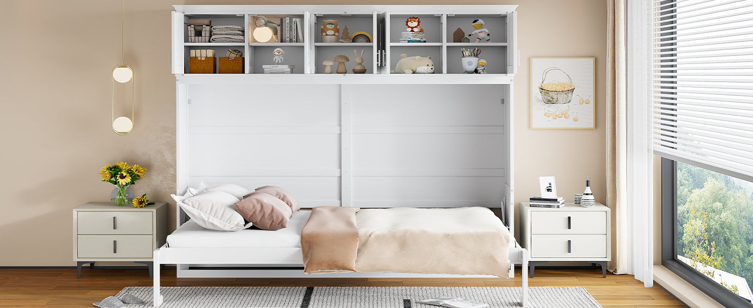 Queen Size Murphy Bed Wall Bed with Top Cabinets,White
