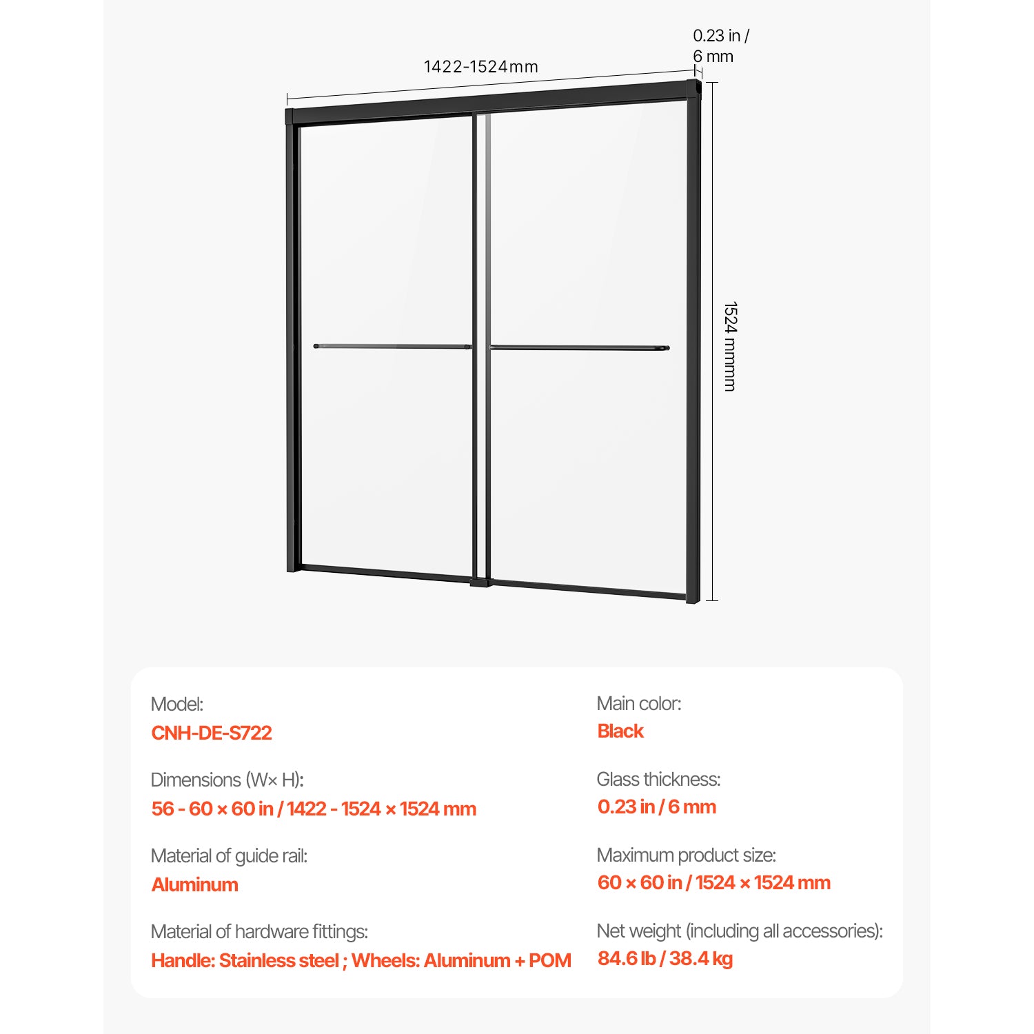 Semi-frameless bypass tub door dimensions view