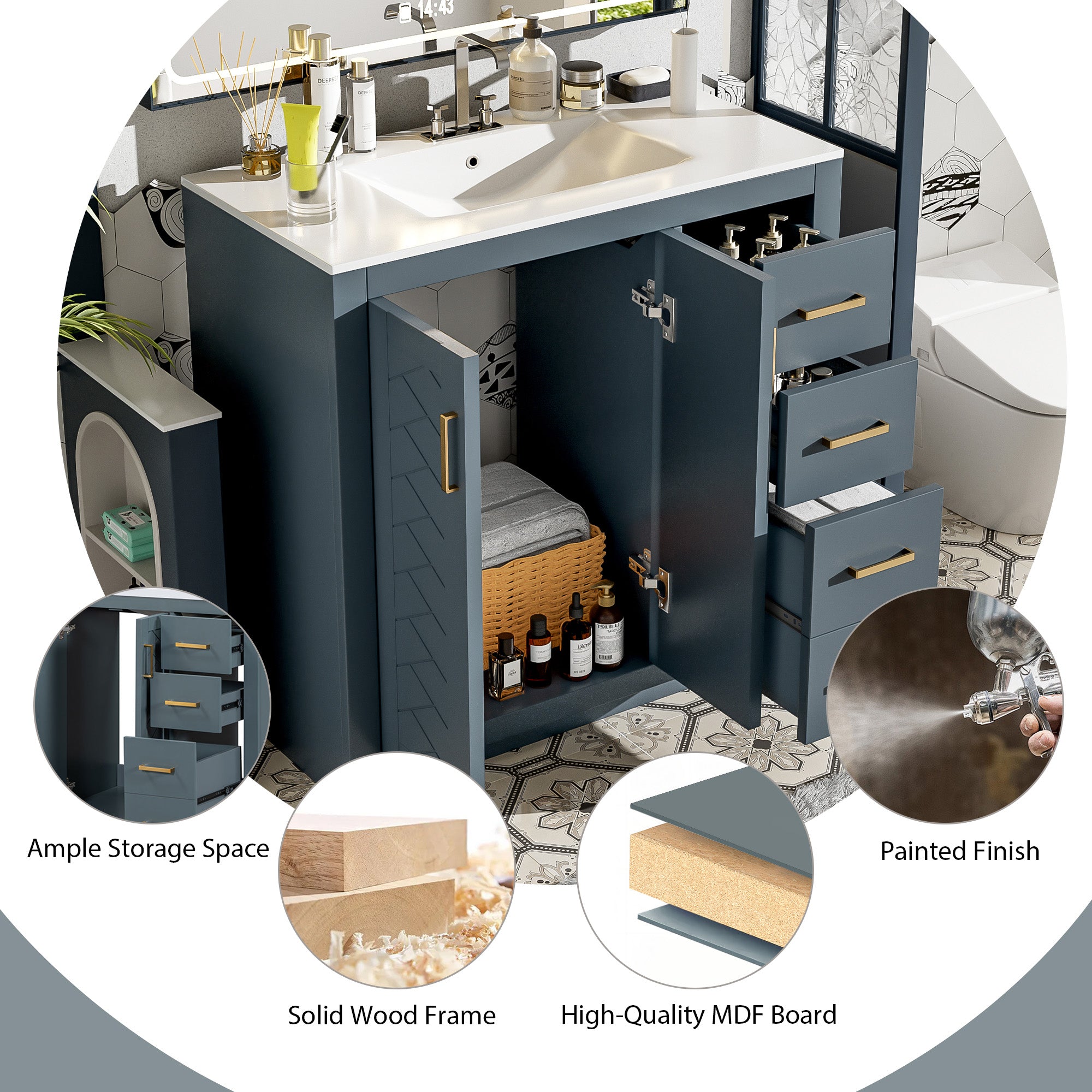 36-inch freestanding bathroom vanity with ceramic sink, side profile view
