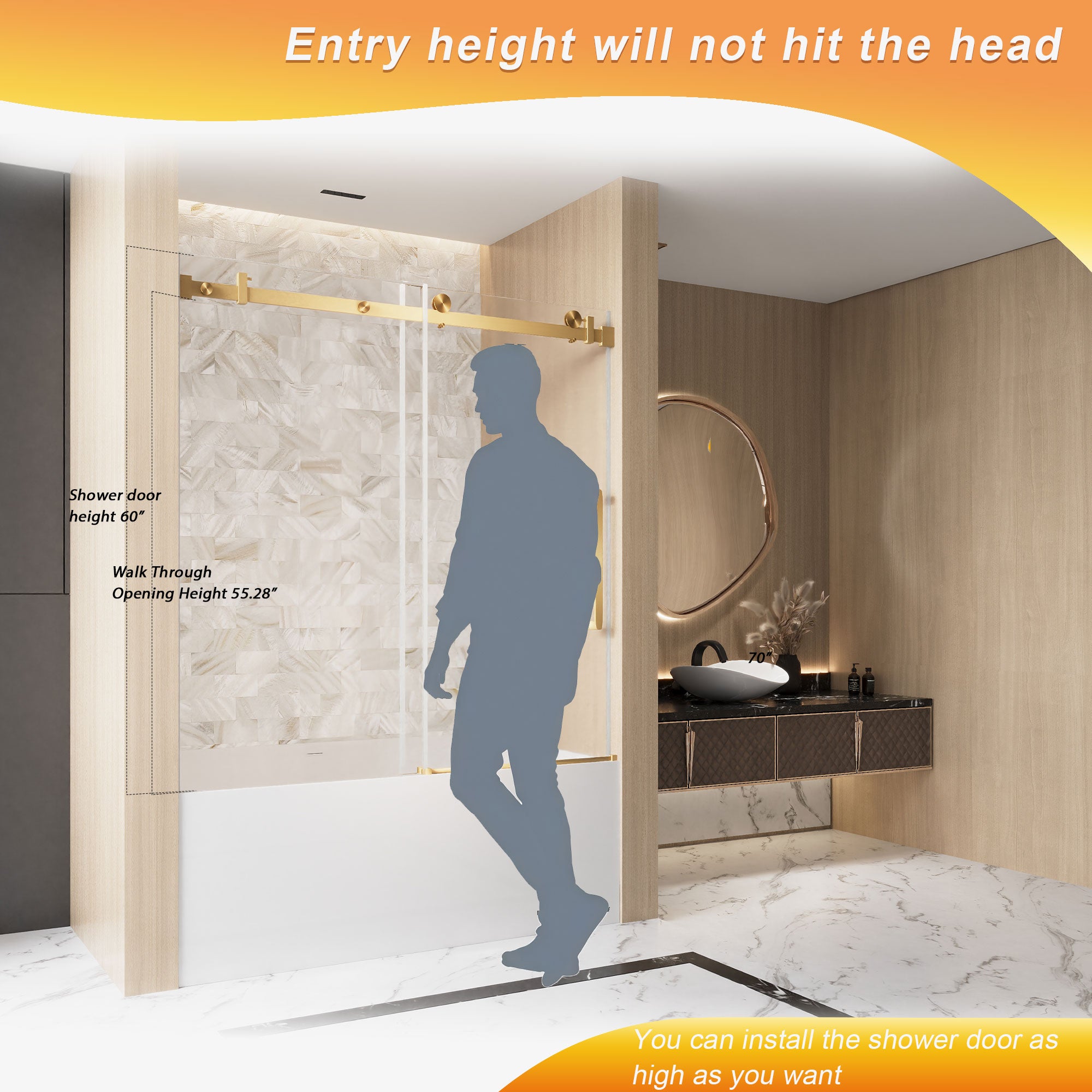 56-60 x 60 in Frameless Single Sliding Square-Tube Tub Door - 56-60 x 60 in / Brushed Gold / Square Tube view 7